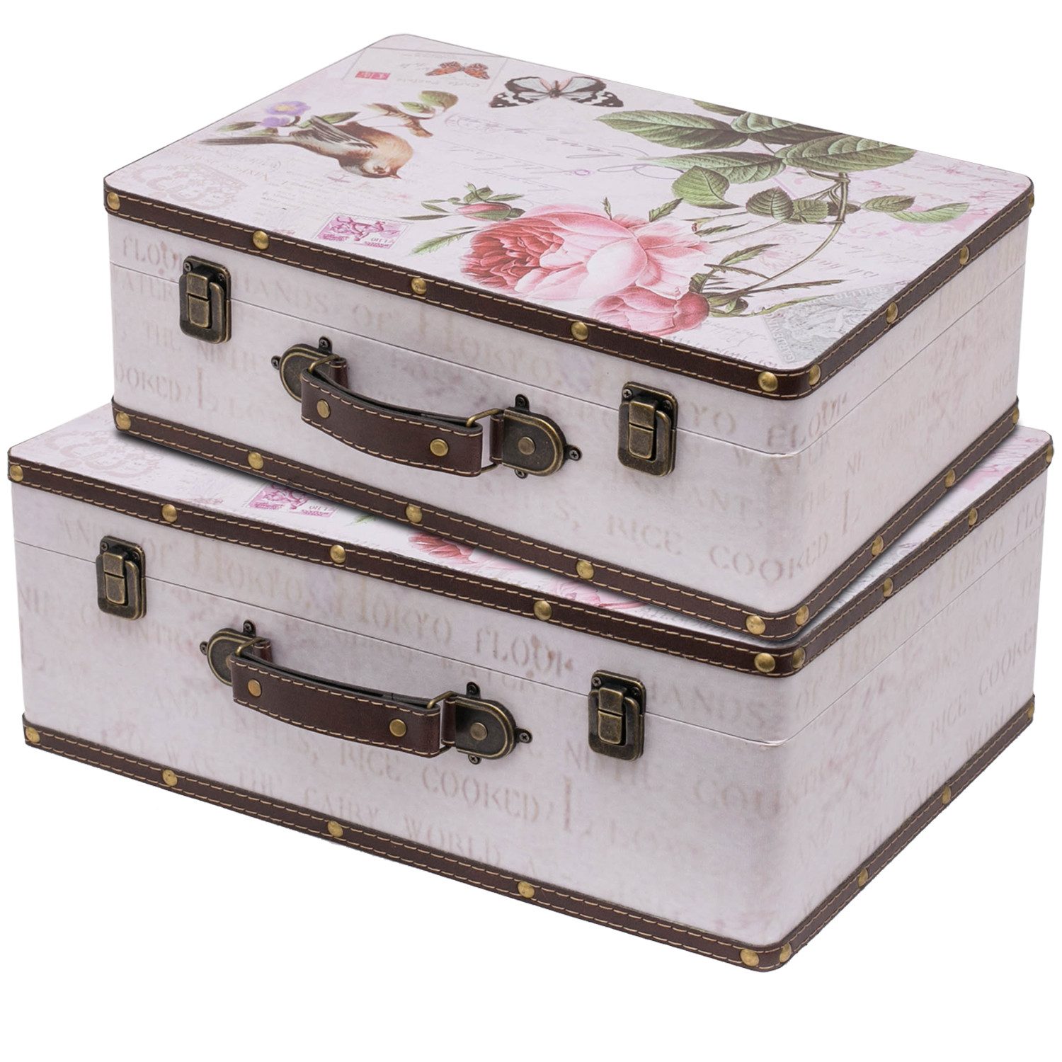 HMF Aufbewahrungsbox Vintage Koffer Holz, Aufbewahrungsbox mit Deckel und Ledergriff als (2er Set), Geschenkidee für Hochzeit oder Geburtstag, Rose, 38 + 44 cm