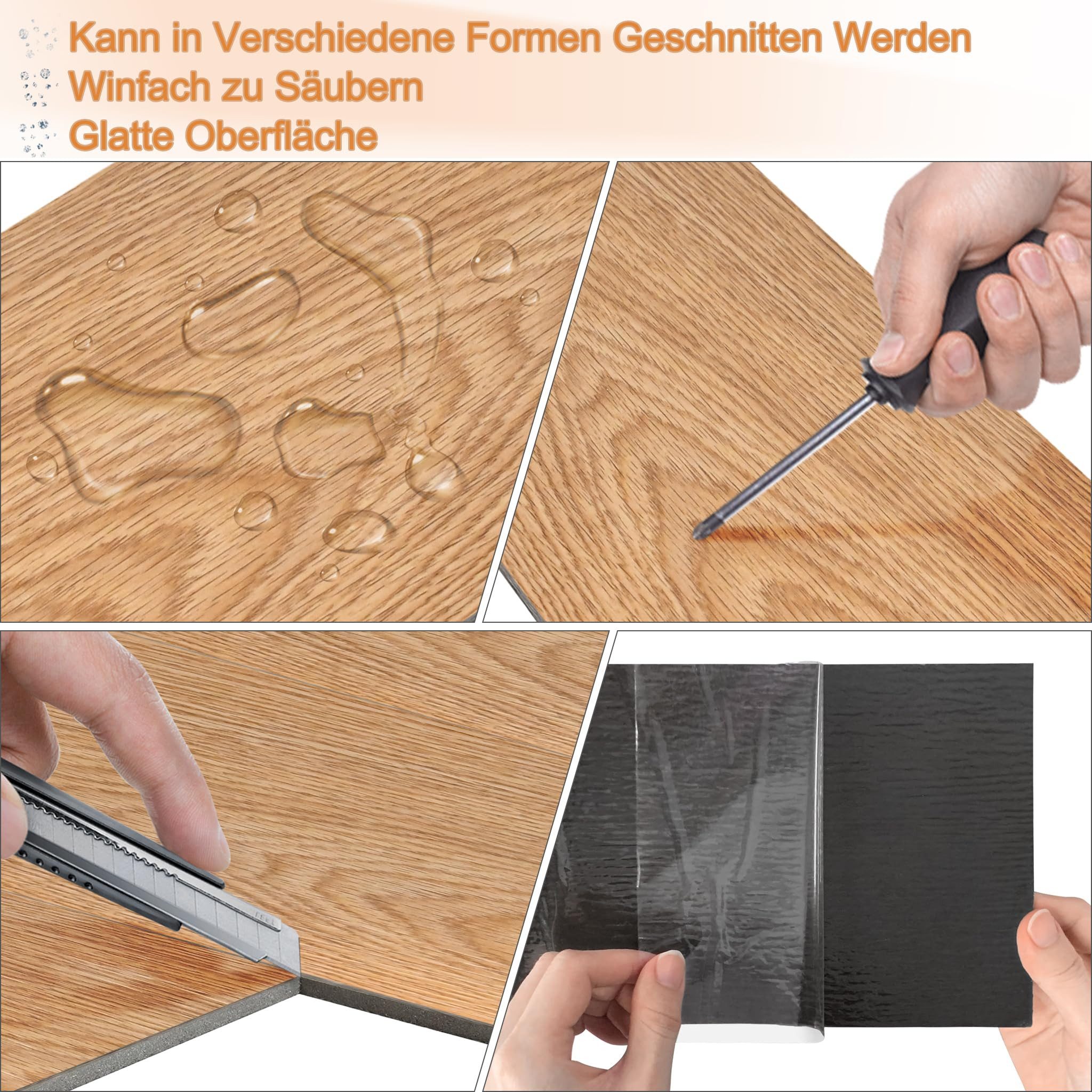 FIVMEN Vinylboden PVC Bodenbelag Selbstklebend, Holzmaserung Dielen, Bodenfliesen, 18/36 Stück, 2.51/5.2 m² Schneidbar Fliesen für Schlafzimmer, Küche