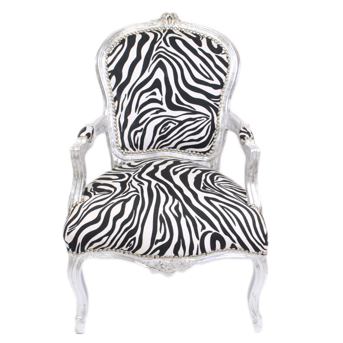 Casa Padrino Besucherstuhl Barock Salon Stuhl Zebra / Silber mit Armlehnen - Barockmöbel
