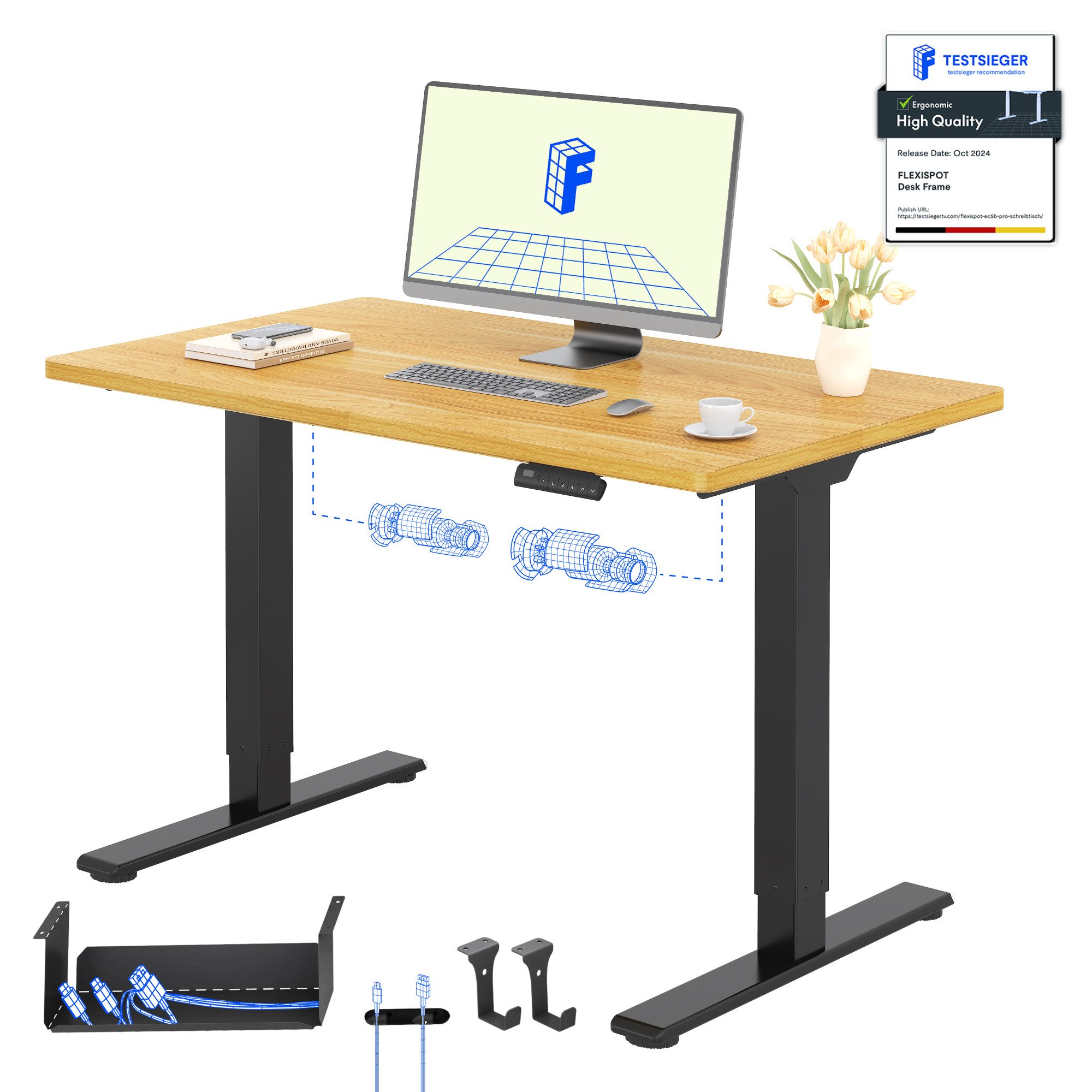 FLEXISPOT Schreibtisch Basic Plus höhenverstellbarer Schreibtisch mit Premium-Zubehör-Set (2 Motore & 2-Fach-Teleskop & 4 Höhenspeichertasten), MIT 25MM einteiliger Tischplatte, 120/140/160/180