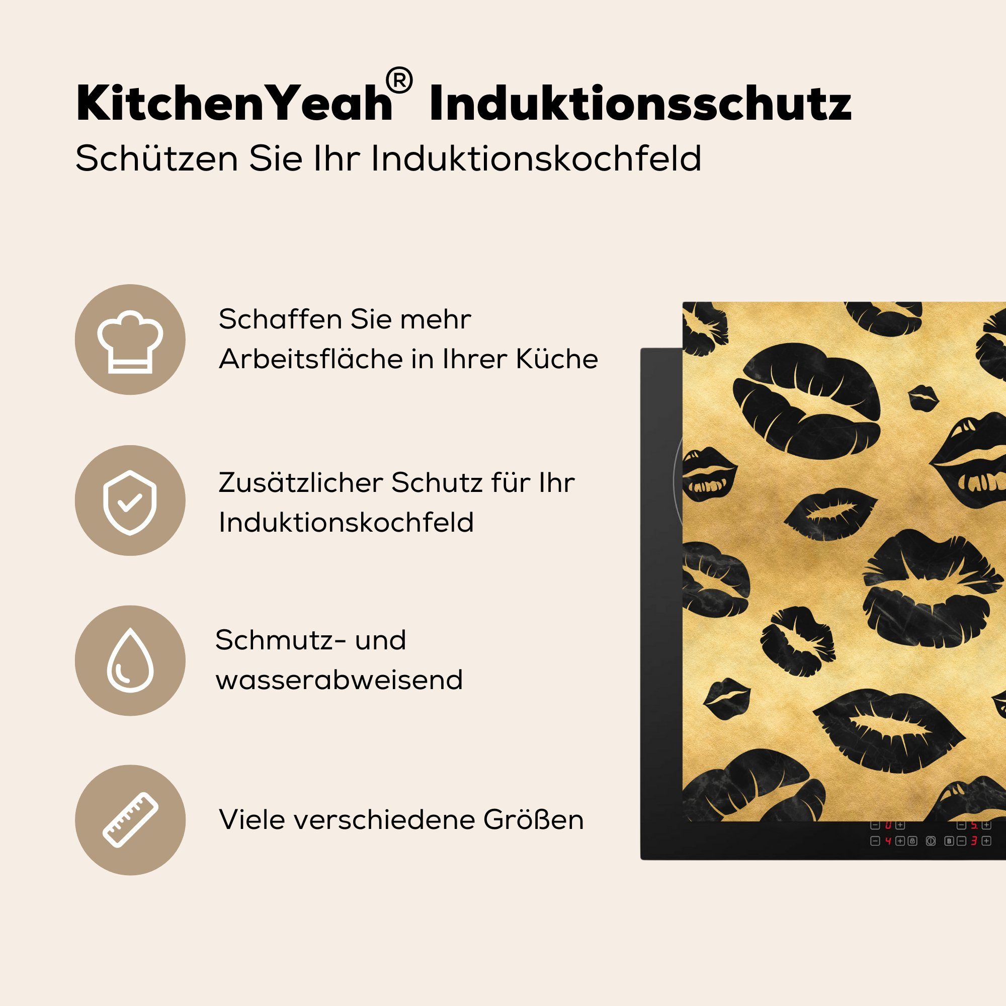MuchoWow Herdblende-/Abdeckplatte Muster - Kuss - für Gold Arbeitsplatte - 78x78 Schwarz, küche cm, (1 Ceranfeldabdeckung, Vinyl, tlg)