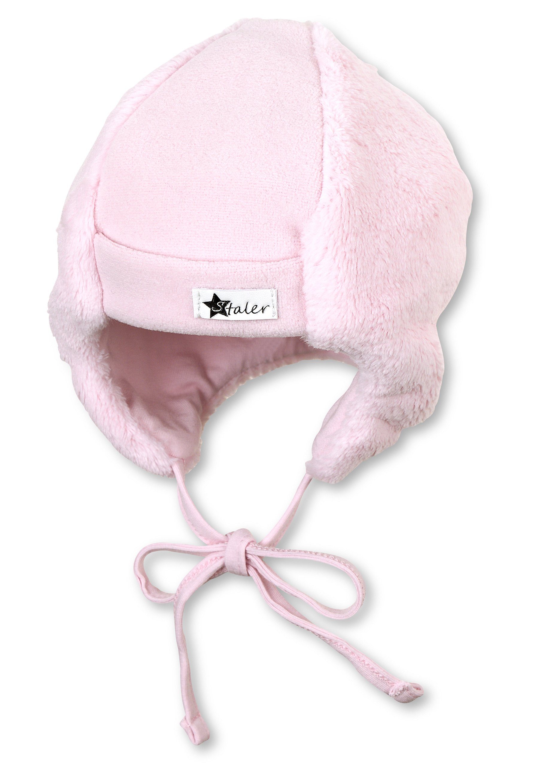 Sterntaler® Schlupfmütze Mütze (1-St., Wintermütze mit Bärchen Motiv, Bindeband und Ohrenschutz) Baby Beanie Mütze aus weichem Teddyflausch unifarben