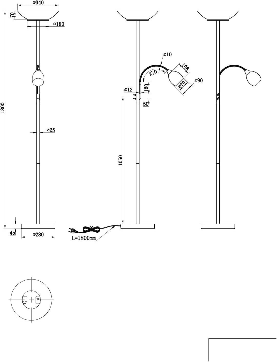 lightling Deckenfluter Klaus, Lichtquellen getrennt schaltbar, ohne Leuchtmittel, mit flexibler Leselampe, 180 cm hoch, messing, Leuchtmittel tauschbar