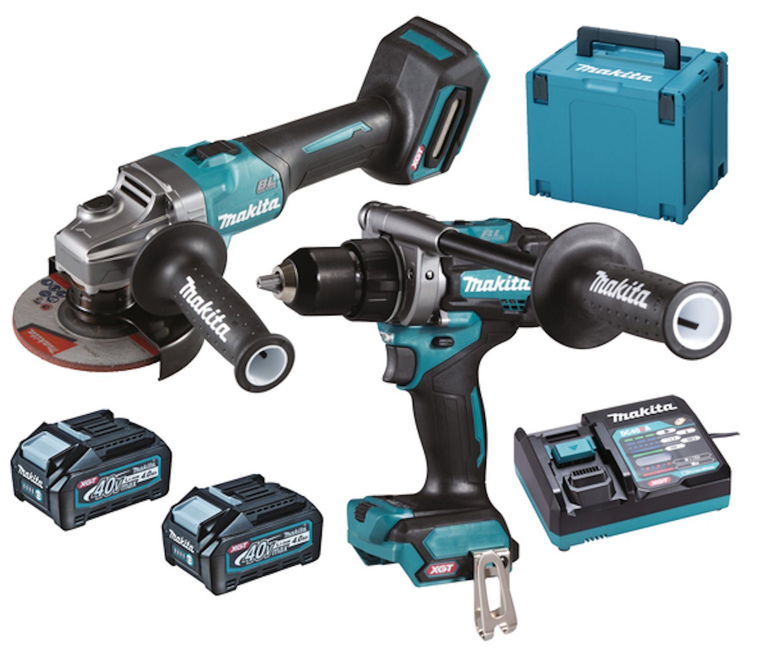 Makita Akku-Bohrschrauber 40V XGT DK0124G20 GA005G DF001G (2x4.0Ah MAKPAC), 18  V, (Winkelschleifer GA005 ; Bohrmaschine DF001G ; 2 x 191B26-6 Akku BL4040  XGT 40 Volt max. 4.0 A ; 191E07-8 Ladegerät XGT DC40RA ; Makpac4  Transportkoffer)