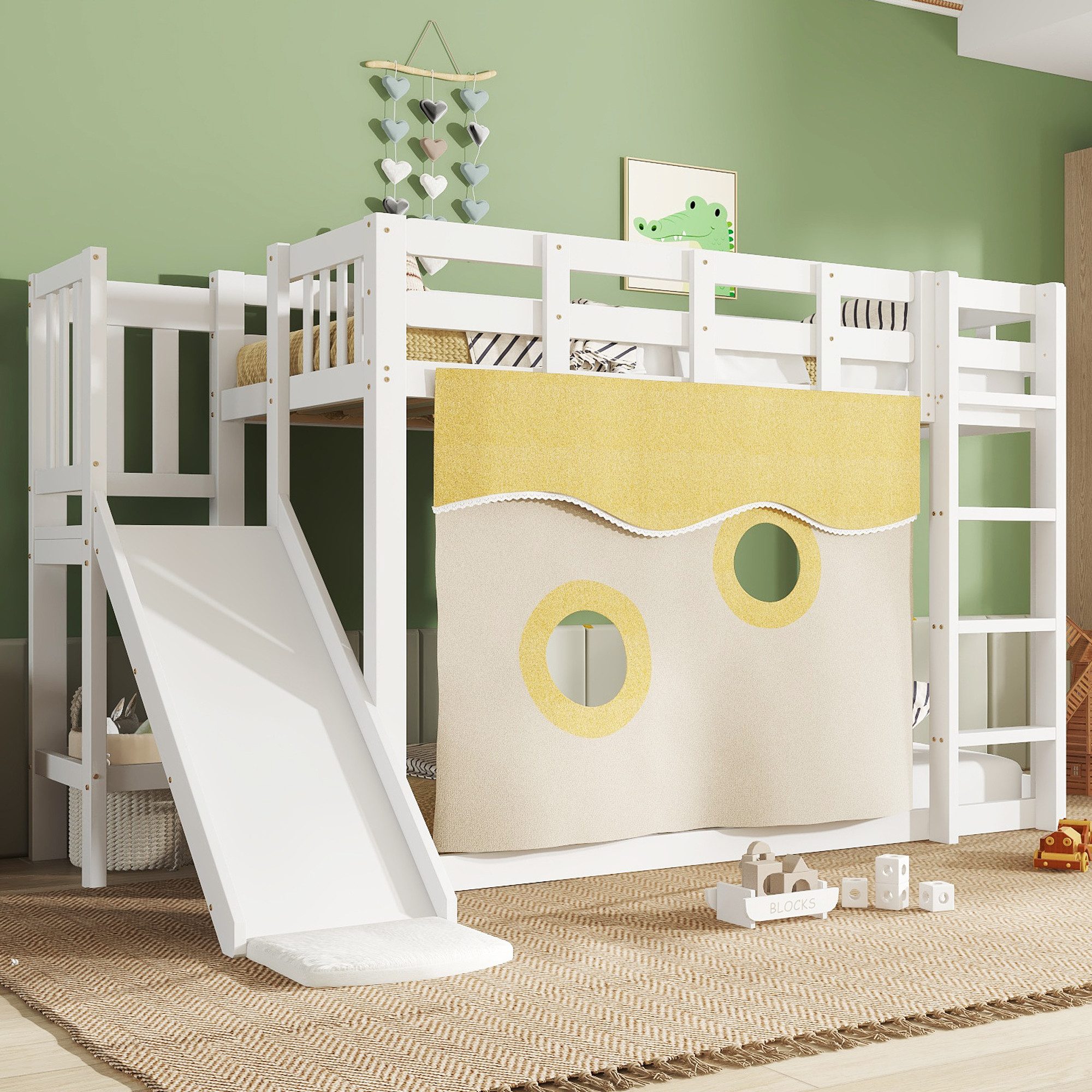 Flieks Etagenbett, Kinderbett Holzbett 90x200cm mit Bettvorhang, Leiter und Rutsche