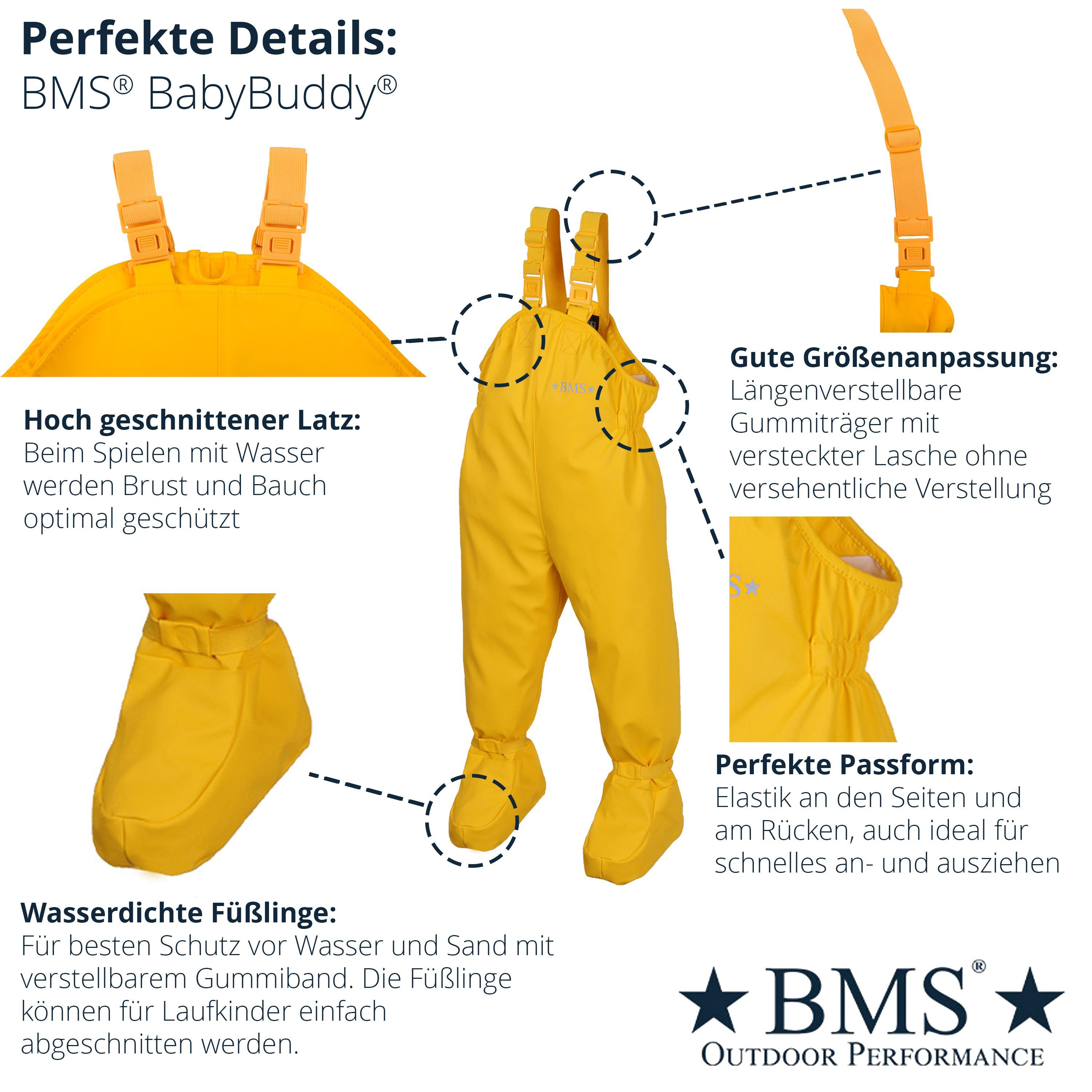 BMS Regen- und Matschlatzhose BMS BabyBuddy - wasserdichte Krabbelhose mit integrierten Füsslingen integrierte Füssling