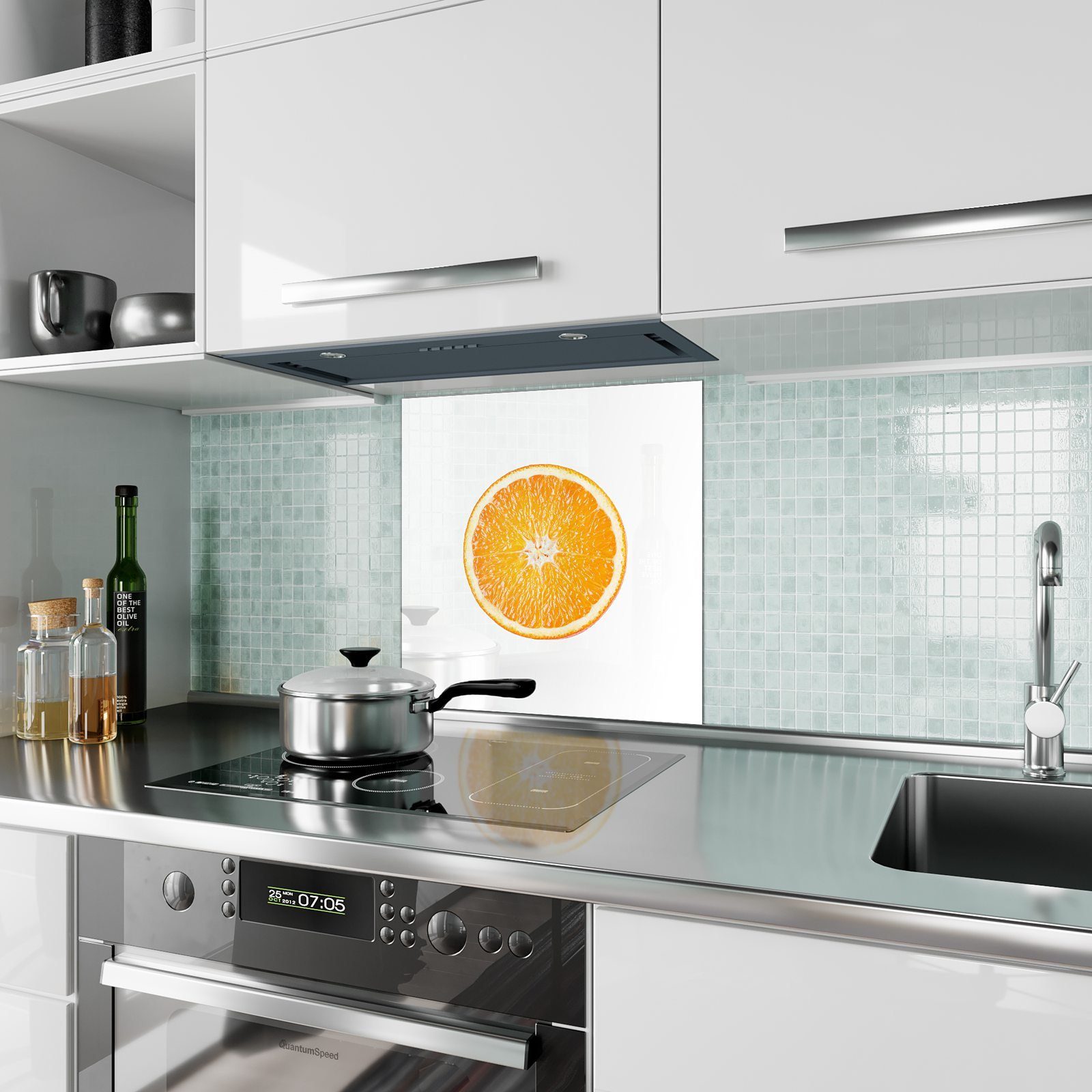 Primedeco Küchenrückwand Küchenrückwand Spritzschutz Glas Orangenscheibe Motiv mit