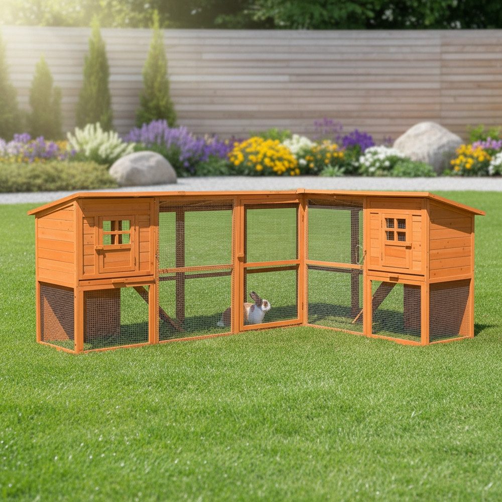 Melko Hühnerstall Freigehege Hühnerstall Holz Braun Kaninchenstall Freilauf XXL Käfig, 2 Etagen