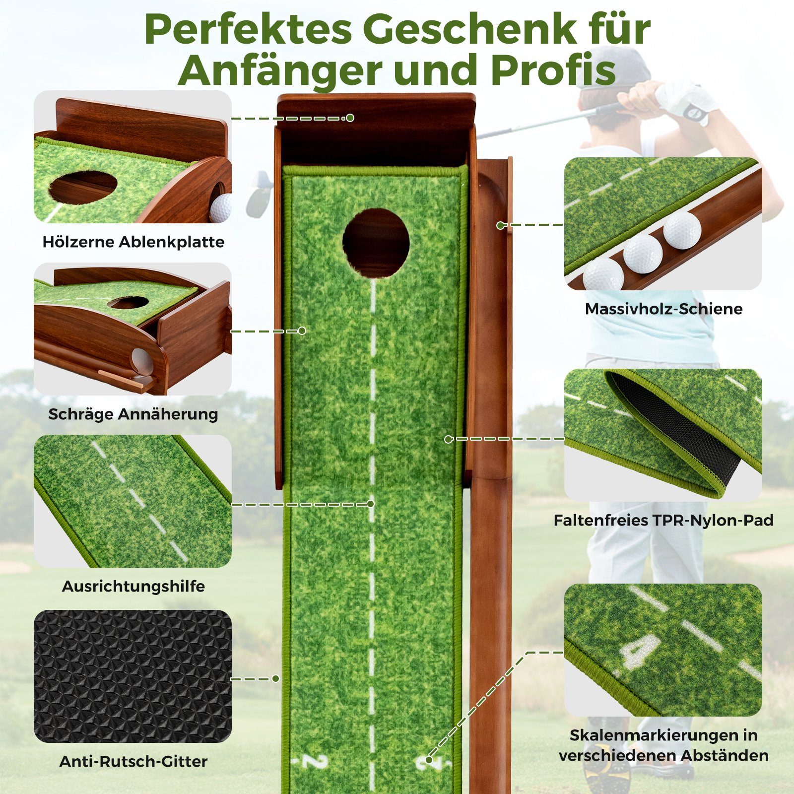 COSTWAY Puttingmatte Golfmatte, Auto Rückkehr, mit 3 Golfbällen