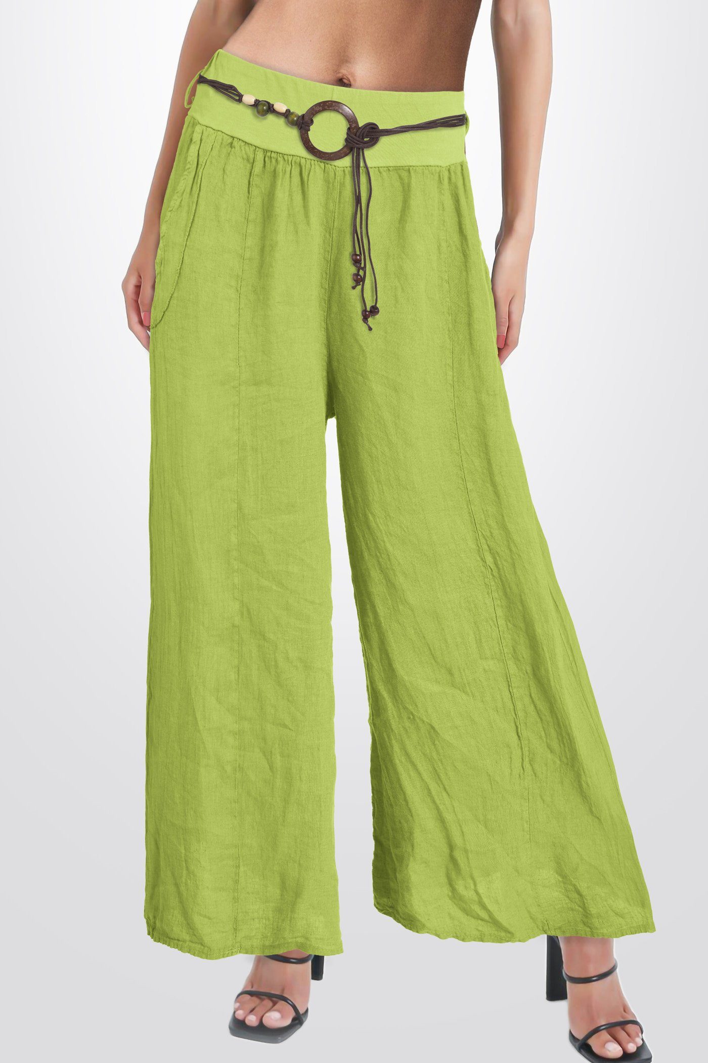 PEKIVESSA Leinenhose Hosenrock Damen mit weitem Bein (1-tlg) mit Gummizug zitronengrün
