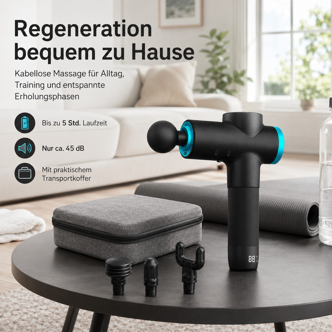 Tekoo Massagepistole Massagegerät mit LCD & 6 Aufsätzen, Elektrisches Handmassagegerät 45dB, Set, Set mit 6 Aufsätzen und Koffer, Quiet-Glide Technologie (45dB), 12kg Stall Force Schlagkraft