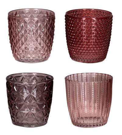 Levandeo® Teelichthalter, 4er Set Windlicht H7,5cm Glas Rosa Rot Teelichthalter Tischdeko Kerzen Retro Deko