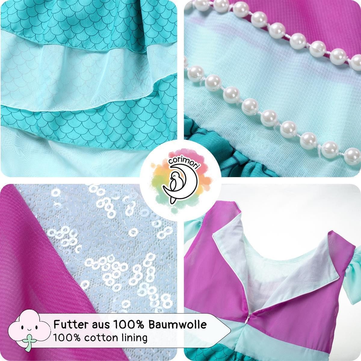 Corimori Prinzessin-Kostüm Meerjungfrau Kleid für Kinder mit Tattoos & Diadem, Meerjungfrauen - Kostüm Kleid für Karneval, türkis, Größe 110/116