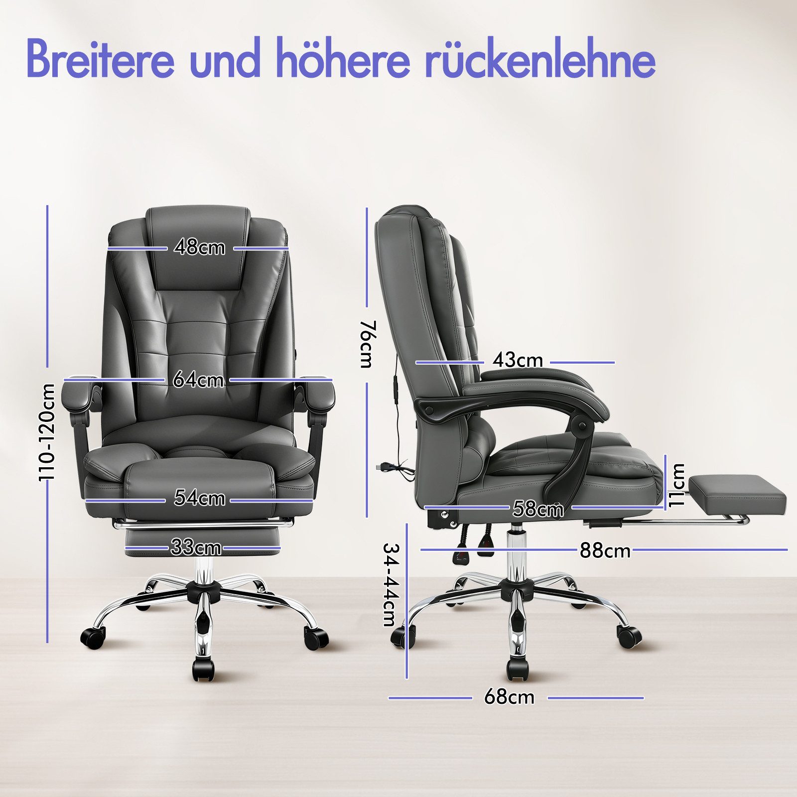 ALFORDSON Bürostuhl Gaming-Stuhl, Massage-Computerstuhl mit Wippfunktion, mit verstellbaren Armlehnen, höhenverstellbar, Grau