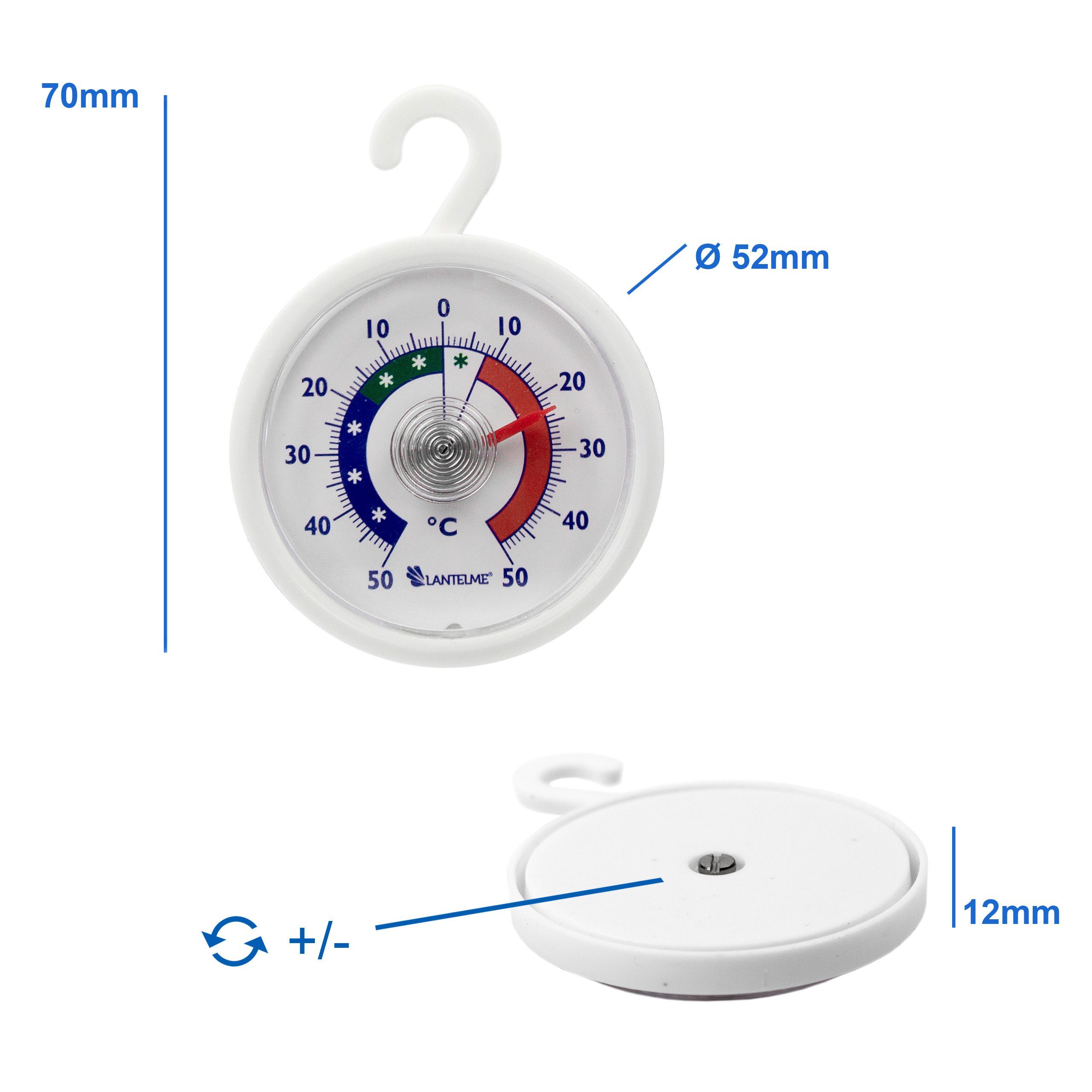 Lantelme Kühlschrankthermometer mit Haken Saugnapf und Klebepad Kühlschrank Thermometer Bimetall, Deutsche Herstellung 4 Stück im Set, Gefrierschrankthermometer + - 50° Temperaturanzeige