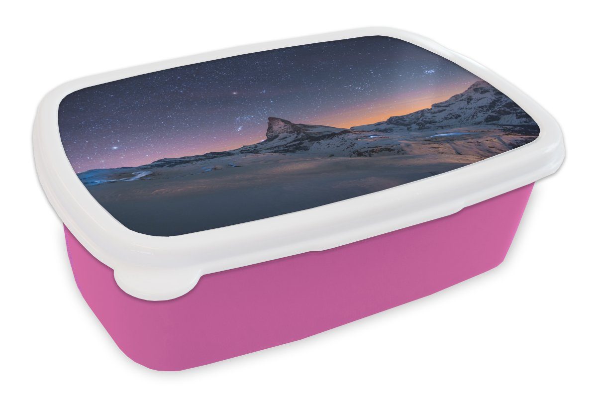 MuchoWow Lunchbox Alpen - Sternenhimmel - Schnee, Kunststoff, (2-tlg), Brotbox für Erwachsene, Brotdose Kinder, Snackbox, Mädchen, Kunststoff rosa