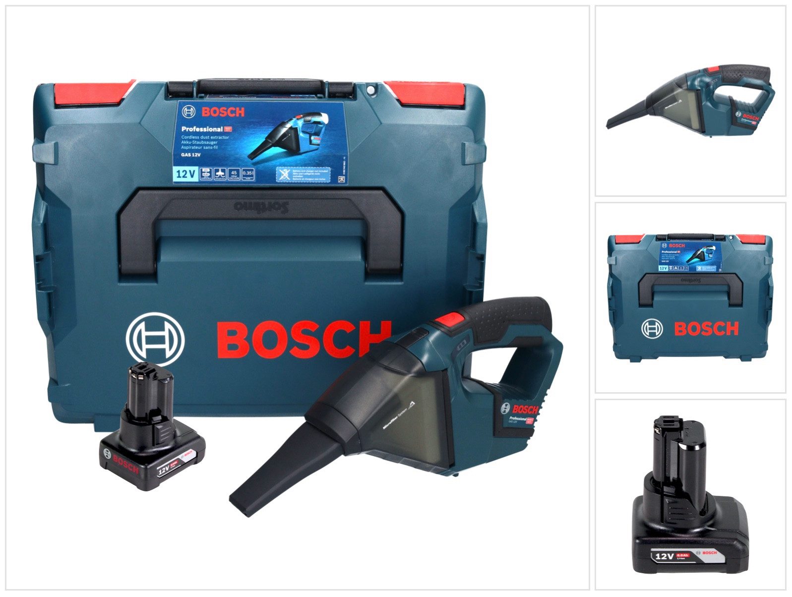 Bosch Professional Akku-Handstaubsauger GAS 12V Professional Akku Staubsauger 12 V 0,35 l + 1x Akku 6,0 Ah +