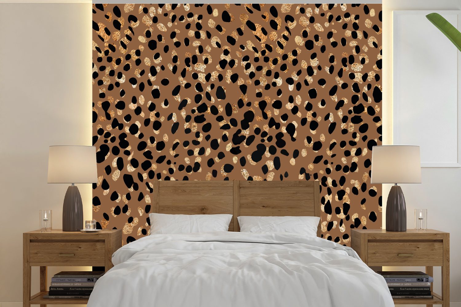 MuchoWow Fototapete Leopard - für - Gold, St), Matt, Wohnzimmer Tiermuster (5 Schlafzimmer, oder Vinyl Wandtapete bedruckt, Tapete