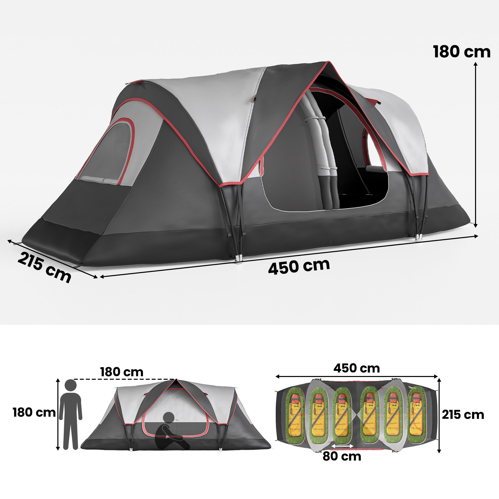 Outsunny Tunnelzelt Campingzelt, Personen: 3 (mit Lichthaken, 2 Räumen, 1 tlg., Winddicht Familienzelt mit Tragetasche), 2000mm Wasserabweisend Zelt für Camping