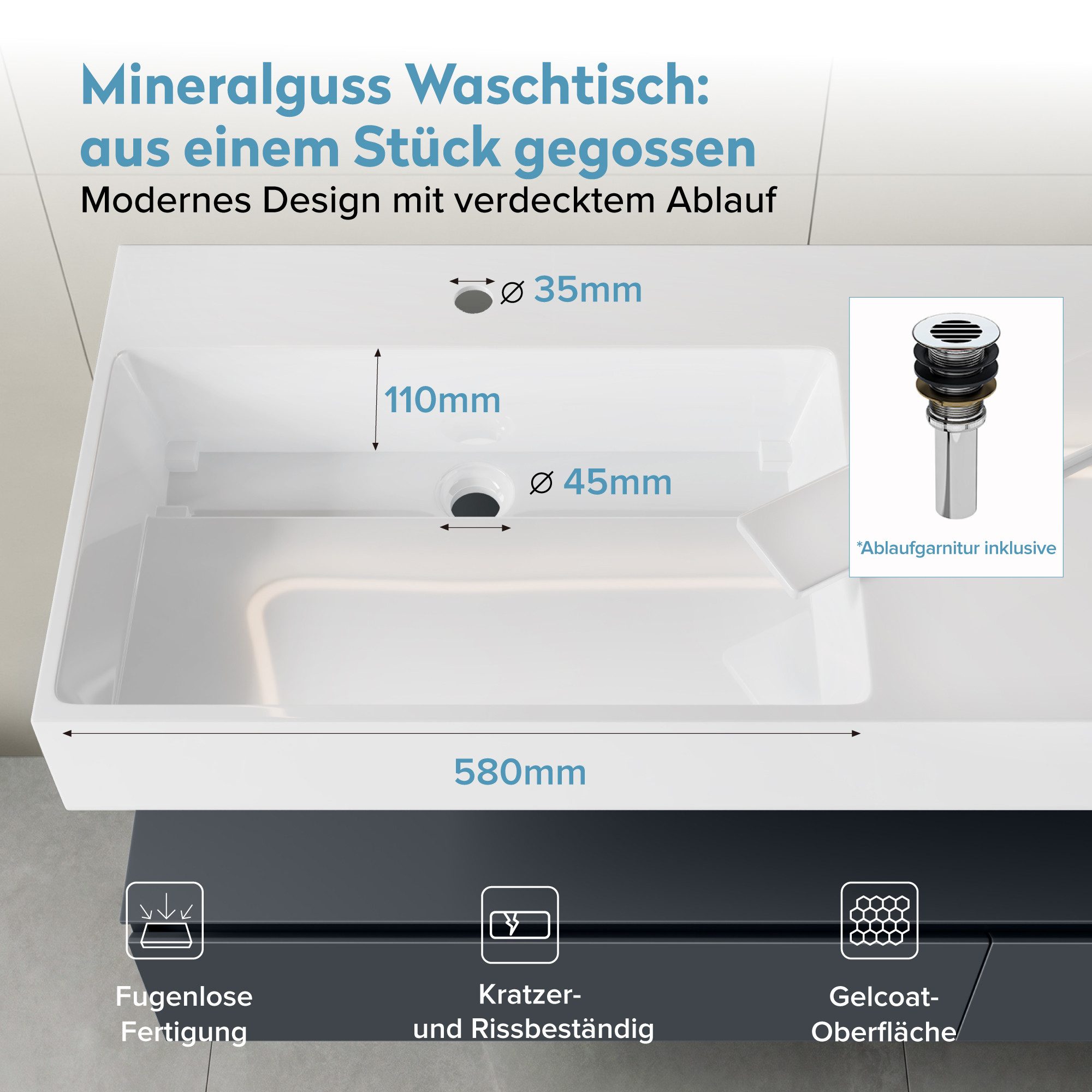 doporro Badmöbel-Set Waschtisch mit Unterschrank Soft-Close 150cm Holzbeschichutng UP, mit Waschbecken aus Mineralguss, E1-Platte