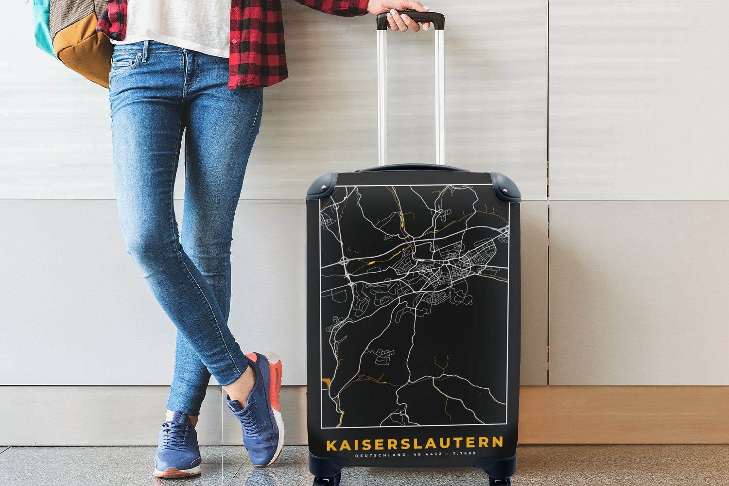 Rollen, mit - Stadtplan 4 Reisekoffer Handgepäck rollen, Kaiserslautern - - Reisetasche - Gold für Trolley, und Schwarz Deutschland, MuchoWow Ferien, Karte Handgepäckkoffer