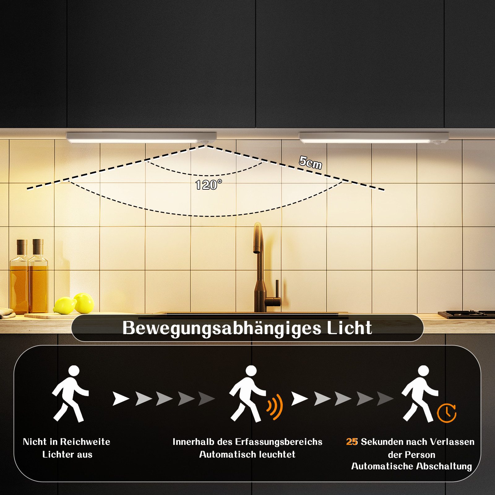 Nettlife LED Unterbauleuchte Bewegungsmelder dimmbar 20/30/40 cm wählbar USB Schrankbeleuchtung, LED fest integriert, 3 Farbtemperatur Aufladbar Schrankleuchte  – Bild 5 von 5