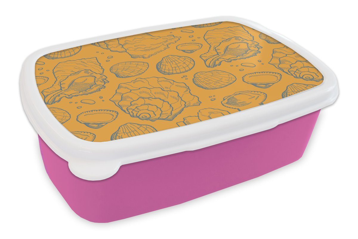 MuchoWow Lunchbox Muscheln - Gelb - Orange - Muster, Kunststoff, (2-tlg), Brotbox für Erwachsene, Brotdose Kinder, Snackbox, Mädchen, Kunststoff rosa