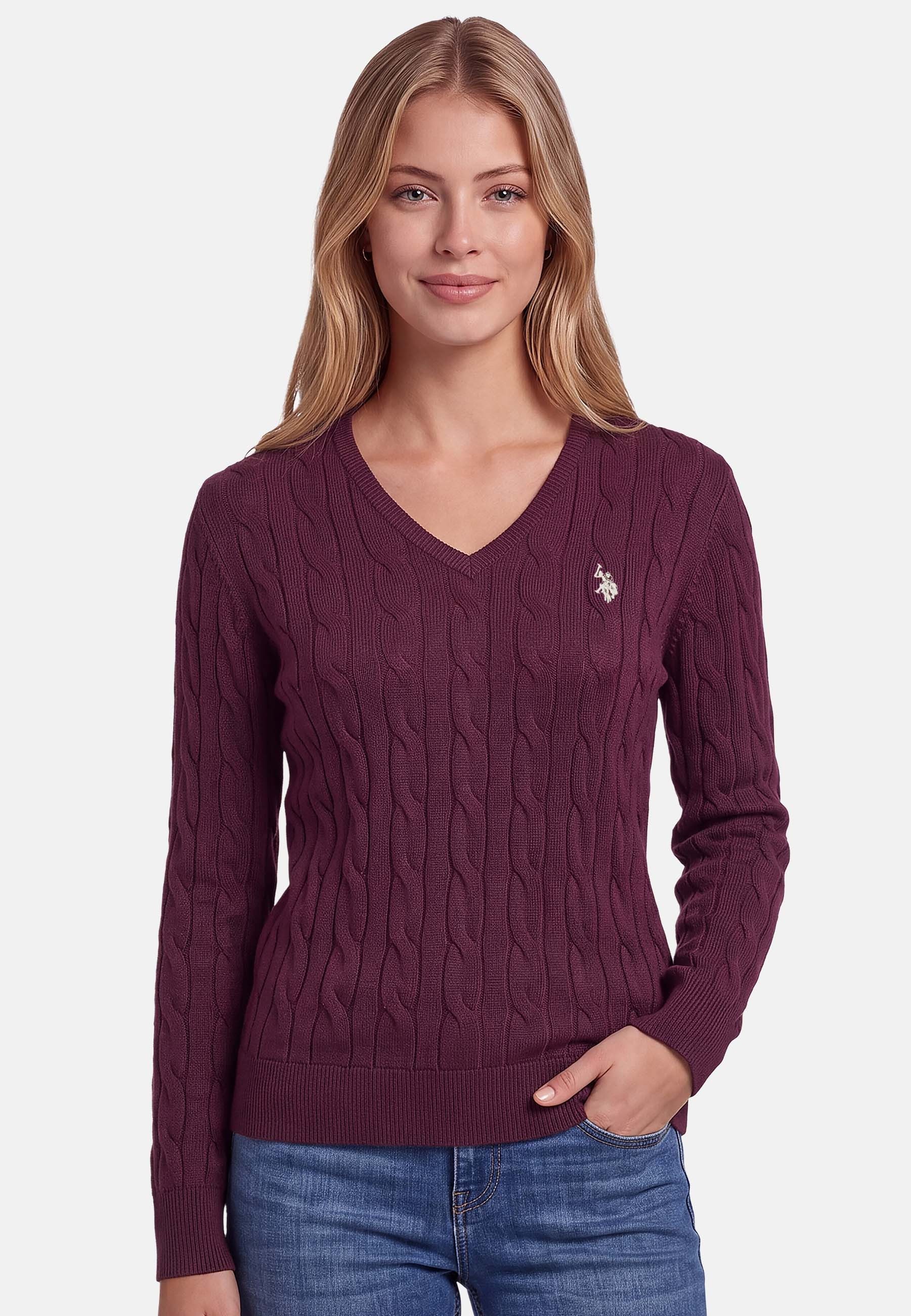 U.S. Polo Assn. Rundhalspullover mit Zopfmuster und V-Ausschnitt Klassischer Strickpullover mit Rippbündchen und dezenter Logostickerei