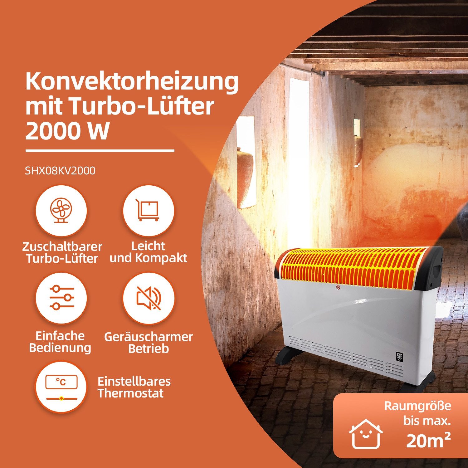 SHX Konvektor Heizung, Turbo-Heizlüfter, 3 Heizstufen + Turbo, Geräuschlos, Überhitzungsschutz, Stufenloses Thermostat, schnell und wirkungsvoll