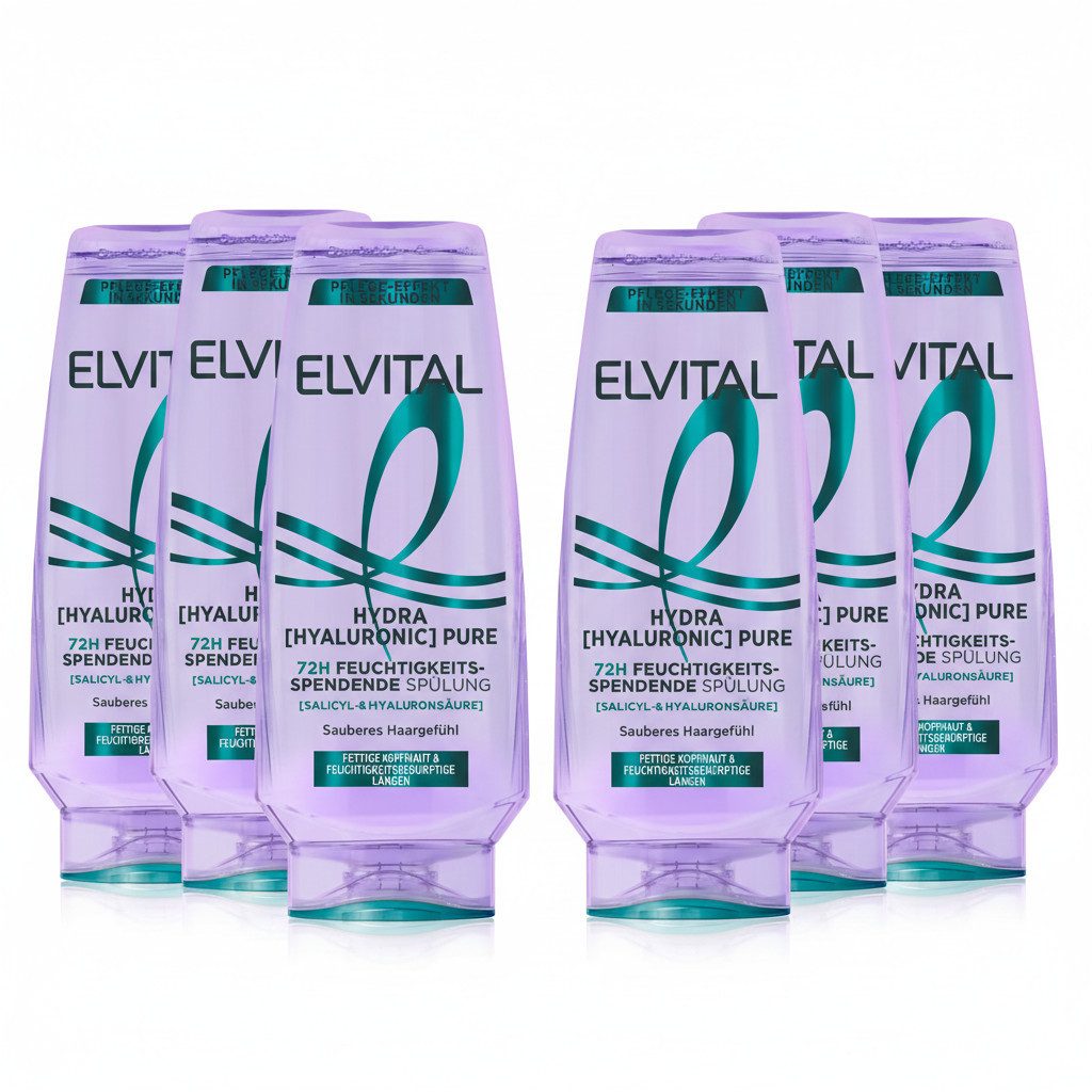 L'ORÉAL PARIS Haarspülung L'Oréal Paris Elvital Hydra [Hyaluronic] Pure Spülung, Packung, 6-tlg., Bis zu 72h Feuchtigkeit für Längen dank Salicyl- und Hyaluronsäure.