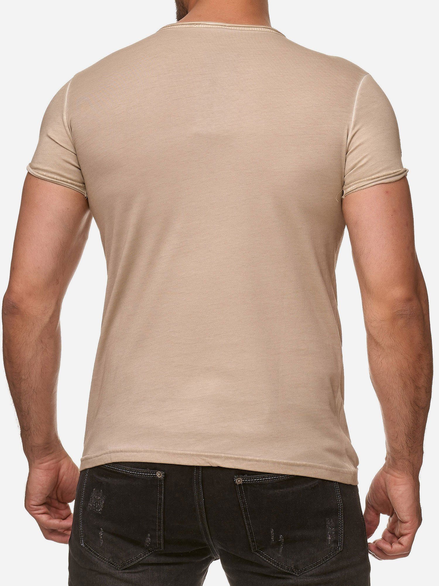 Tazzio T-Shirt 4050-1 Rundhalsshirt in Look Kragen Used beige offenem dezentem Ölwaschung und mit