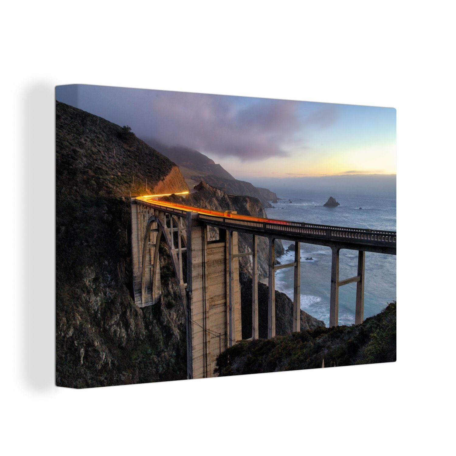 der Creek Aufhängefertig, Abenddämmerung 30x20 OneMillionCanvasses® Bixby in America, cm Bridge (1 Wandbild Wanddeko, Sur Big Leinwandbild Leinwandbilder, St), in