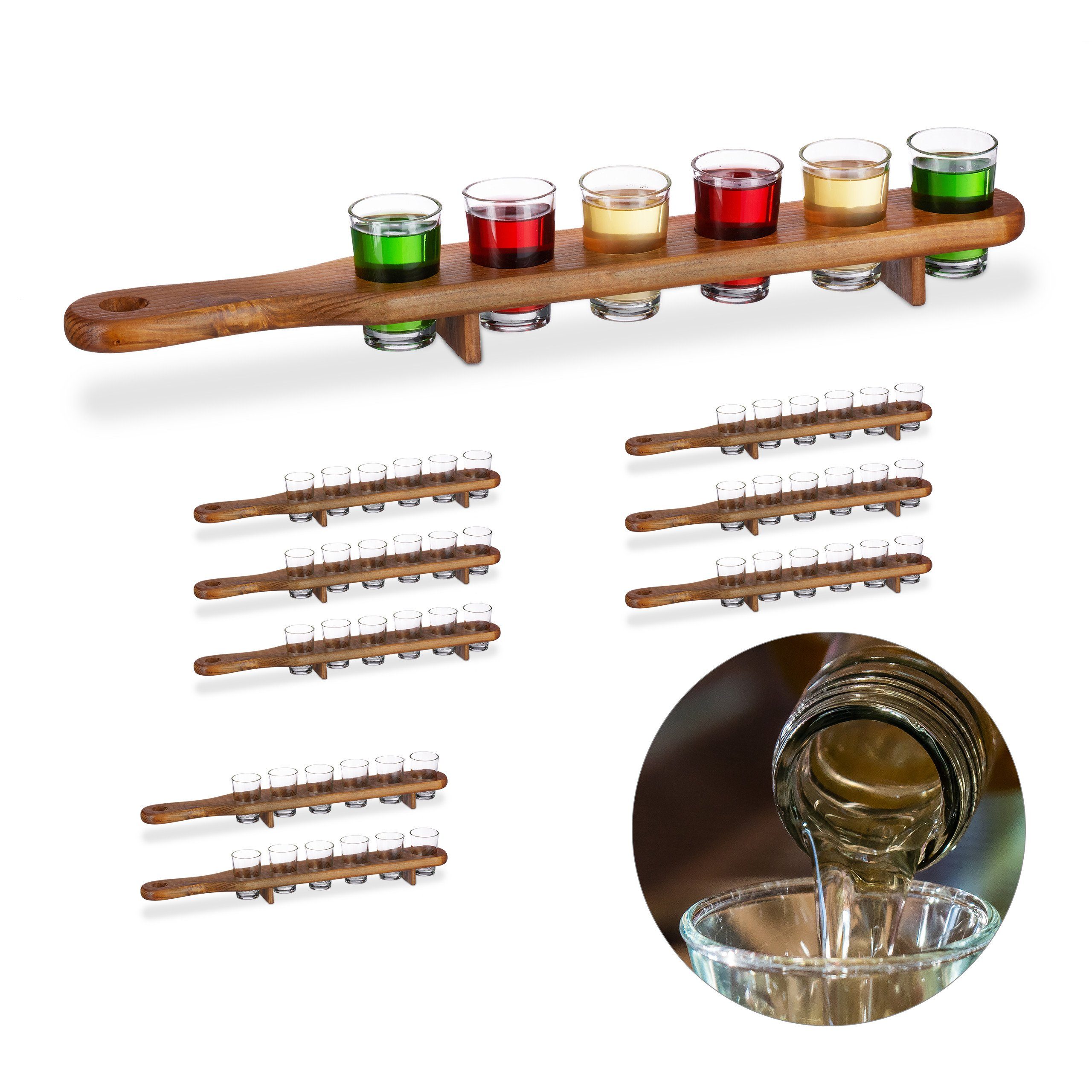 Gläser-Set 9 x Schnapsbrett Holz mit je 6 Gläsern