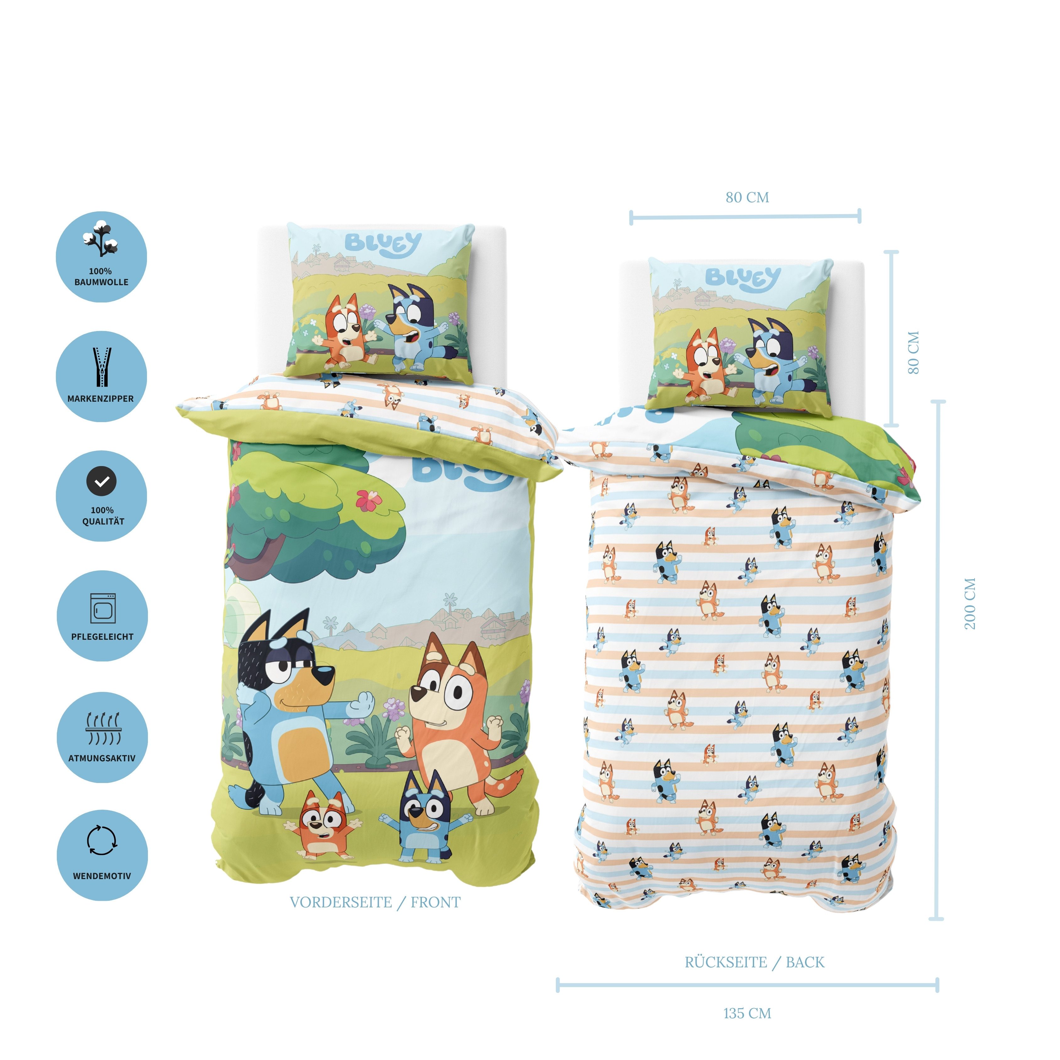 MTOnlinehandel Kinderbettwäsche Bluey Renforcé in 135x200 + 80x80 cm, Geschenkidee, 100% Baumwolle, 2 teilig, Wendebettwäsche für Mädchen und Jungen, Bingo & Bluey