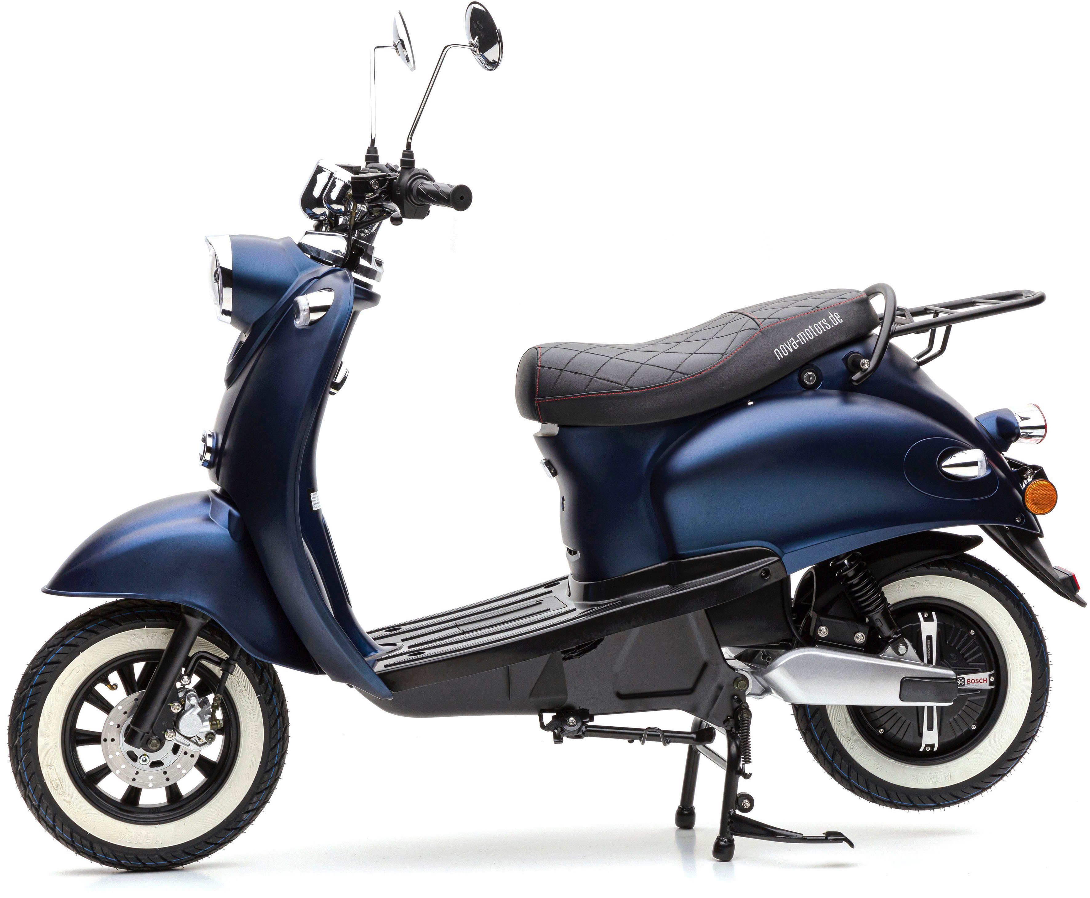 Nova Motors E-Motorroller eRetro Star 2000 Li Tacho km/h, und 45 blau Mit W, digitalem Premium, Sitzbank Weißwandreifen, gesteppter