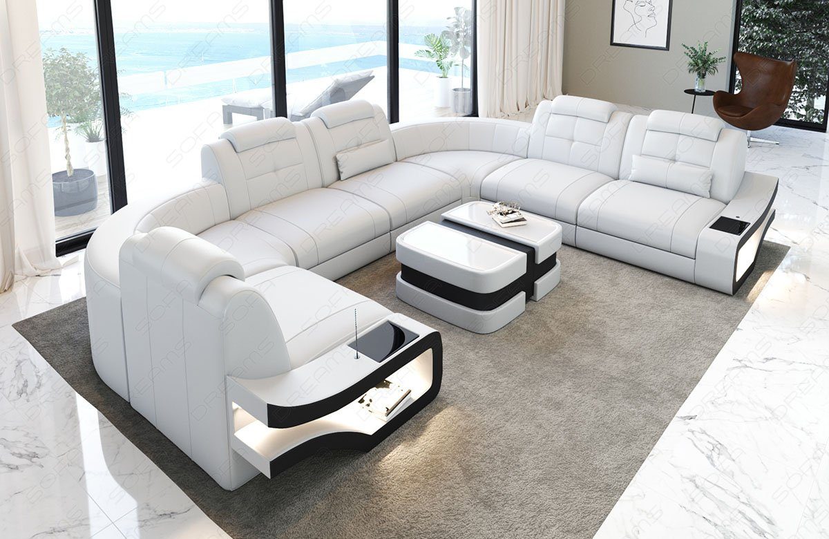 Sofa Dreams Wohnlandschaft Leder Couch Sofa Elena U Form Ledersofa, U-Form Ledersofa mit LED-Beleuchtung