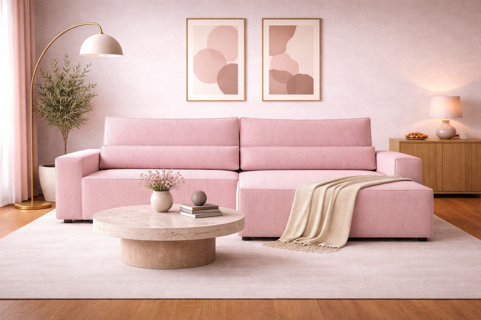 MOEBLO Ecksofa aus Cord DENVER L, Ottomane, Rosa (Poso 145)