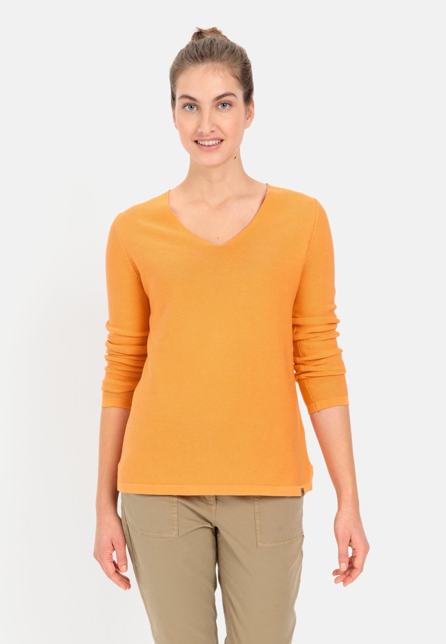 camel active Strickpullover mit V-Ausschnitt Markenlabel