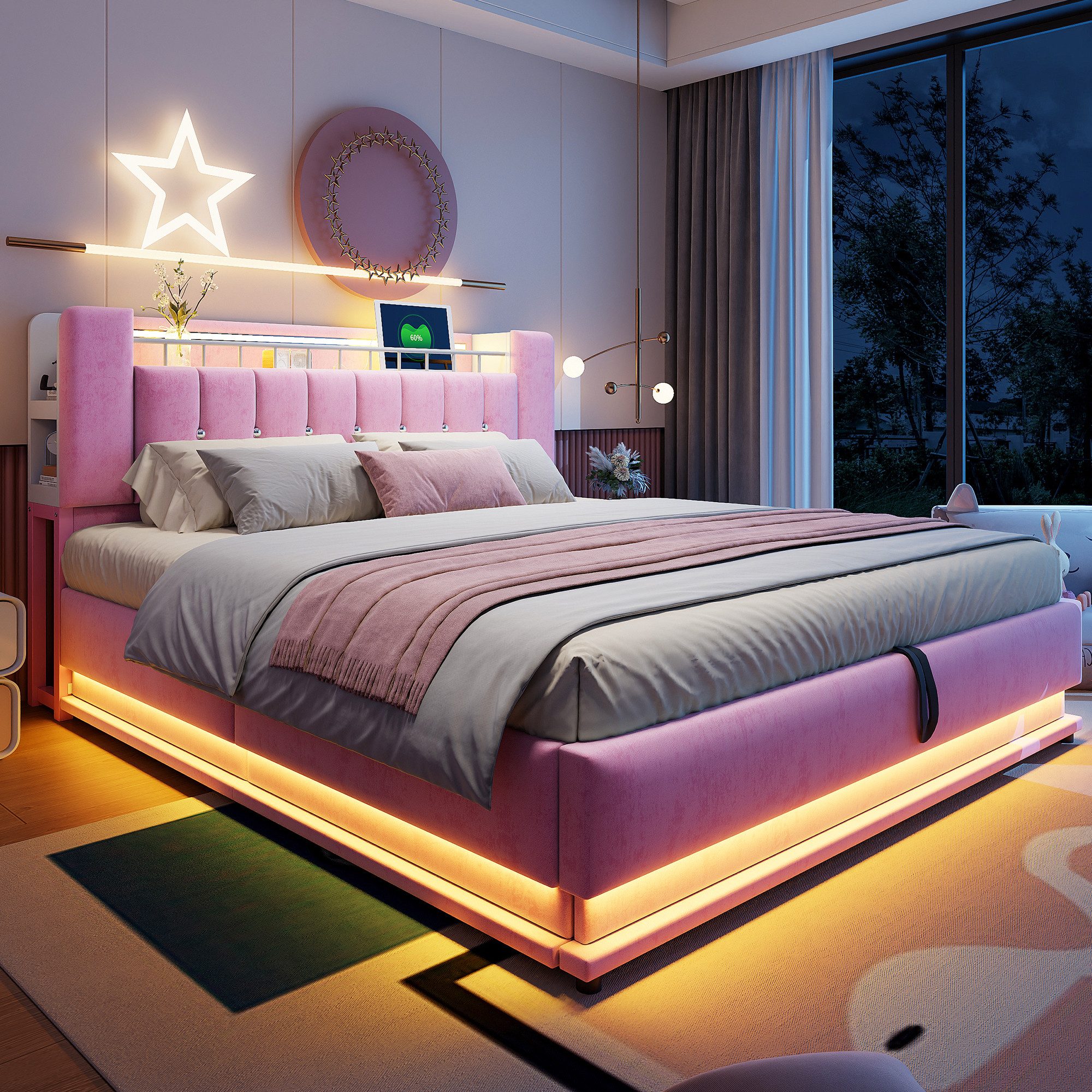 Merax Polsterbett mit LED-Beleuchtung und USB-Anschluss (Metalllattenrahmen günstig online kaufen