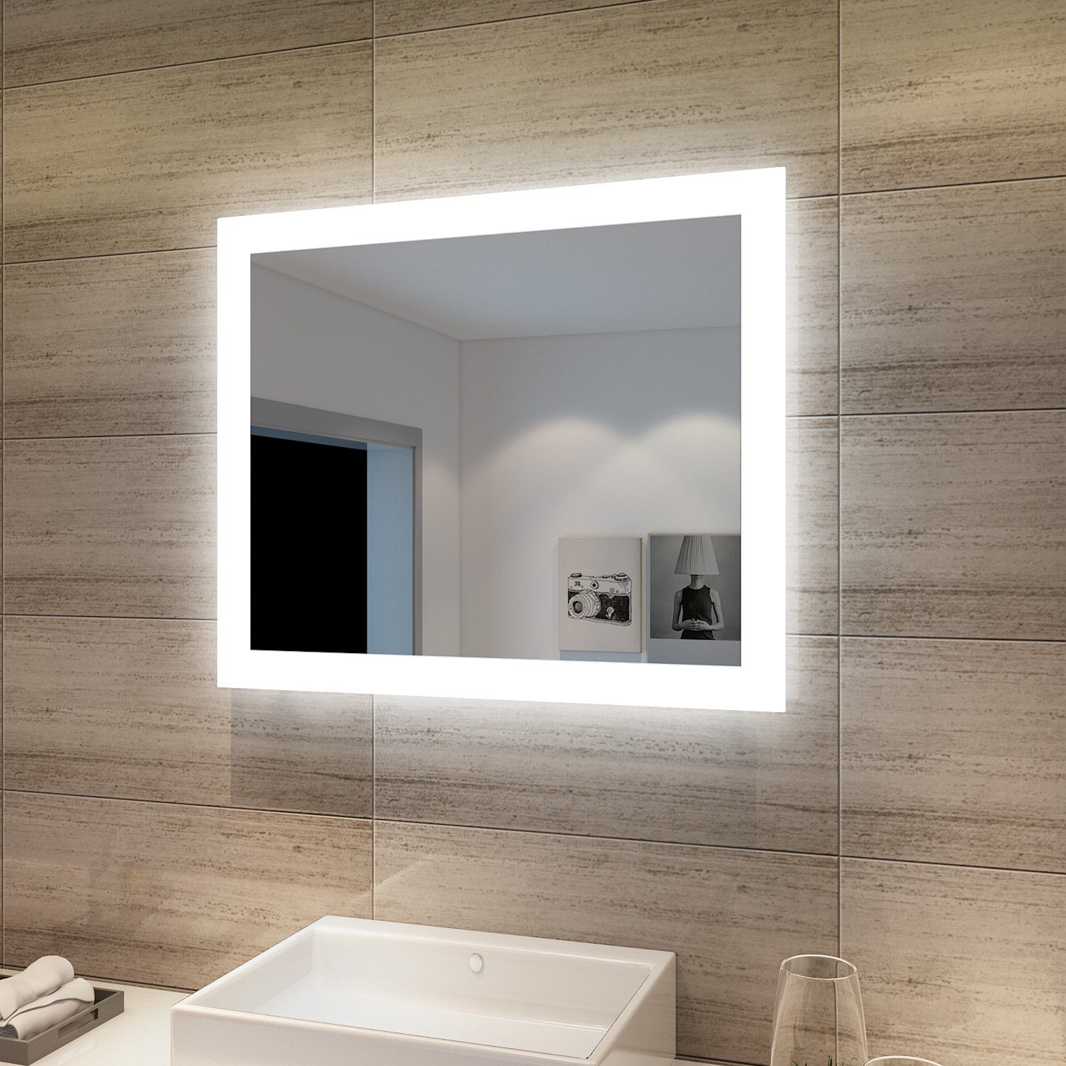 SONNI Schminkspiegel Lichtspiegel 50x60cm mit LED Beleuchtung Kaltweiß Wandschalter, Schminkspiegel,Badspiegel,Wandspiegel
