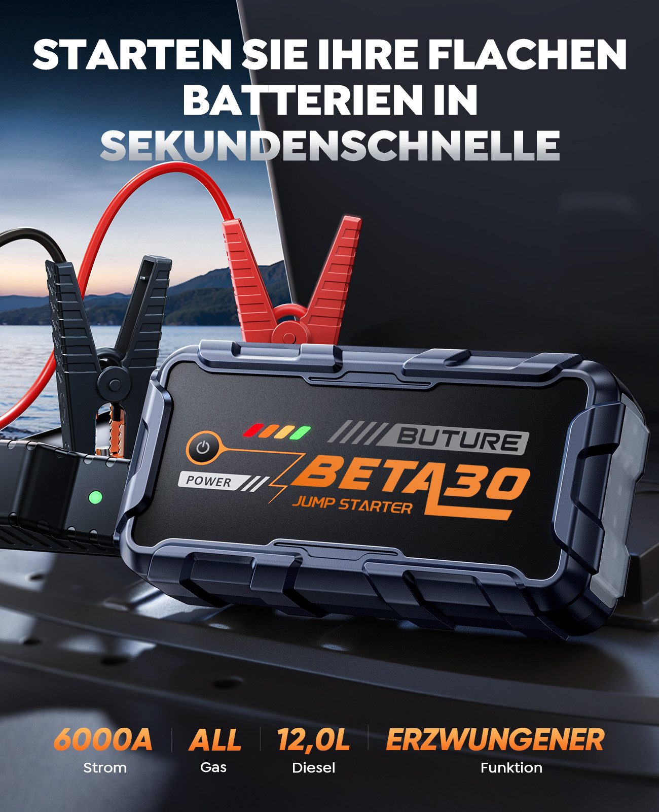 Buture Starthilfe Powerbank für PKW 6000A (All Gas/12,0L Diesel), 26800mAh Starthilfegerät (12 V), 800 Lumen Taschenlampe, 2 USB Ausgänge, Tragbarer Griff
