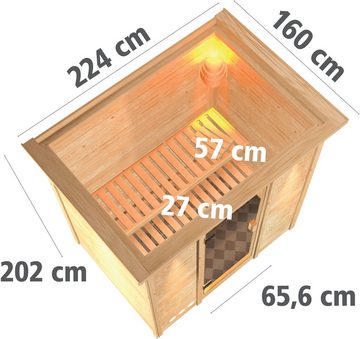 Karibu Sauna "Sonja" mit bronzierter Tür und Kranz Ofen 9 kW Bio externe Strg, BxTxH: 224 x 160 x 202 cm, 38 mm