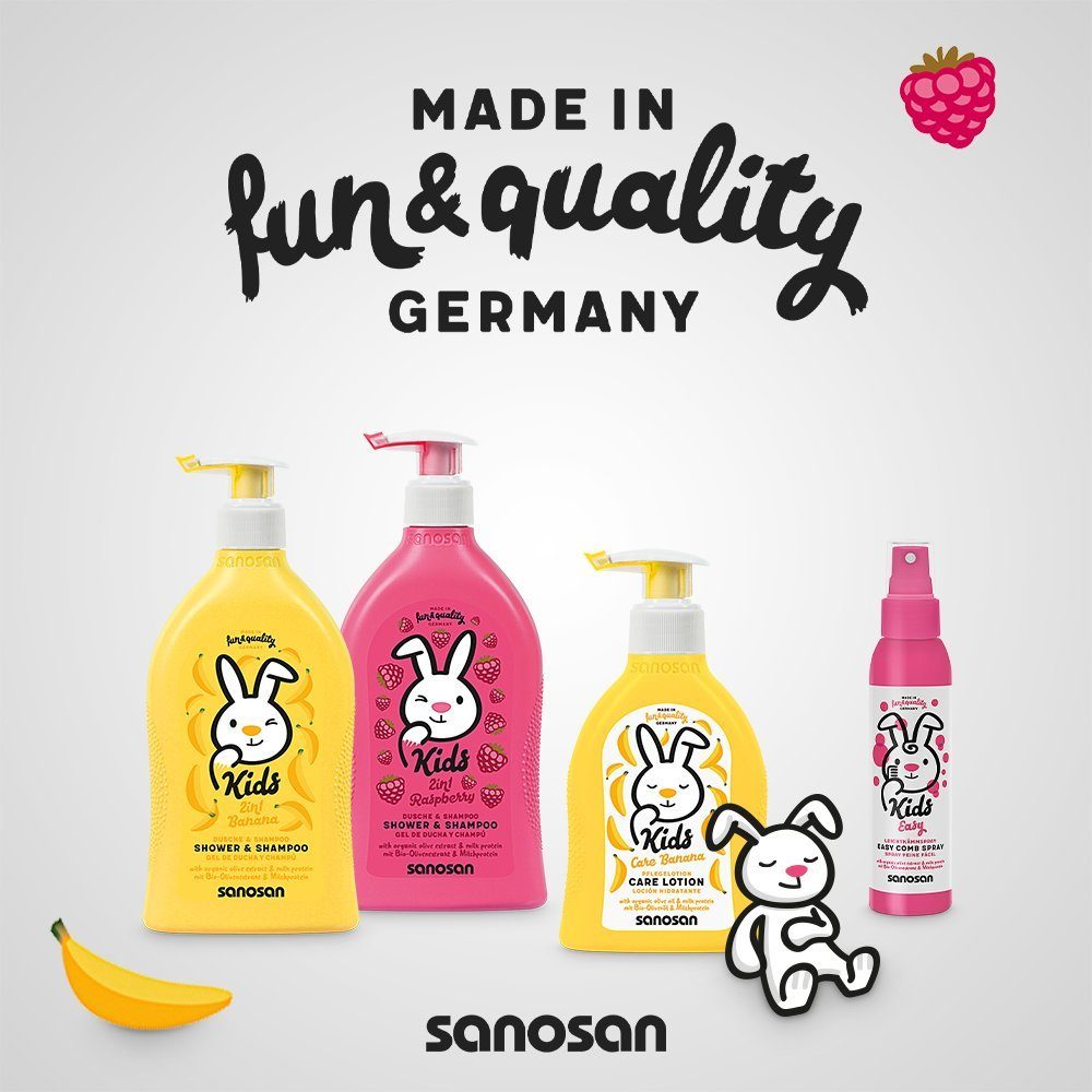 & sanosan Milchprotein 2in1 für Olivenextrakt Banane Spray Haarshampoo, - Leichtkämmspray & Duschgel, Haarpflege - & Shampoo Kinder mit Dusche & Duschgel 1-tlg. - Bio Hautpflege, Leichtkämm Haarpflege