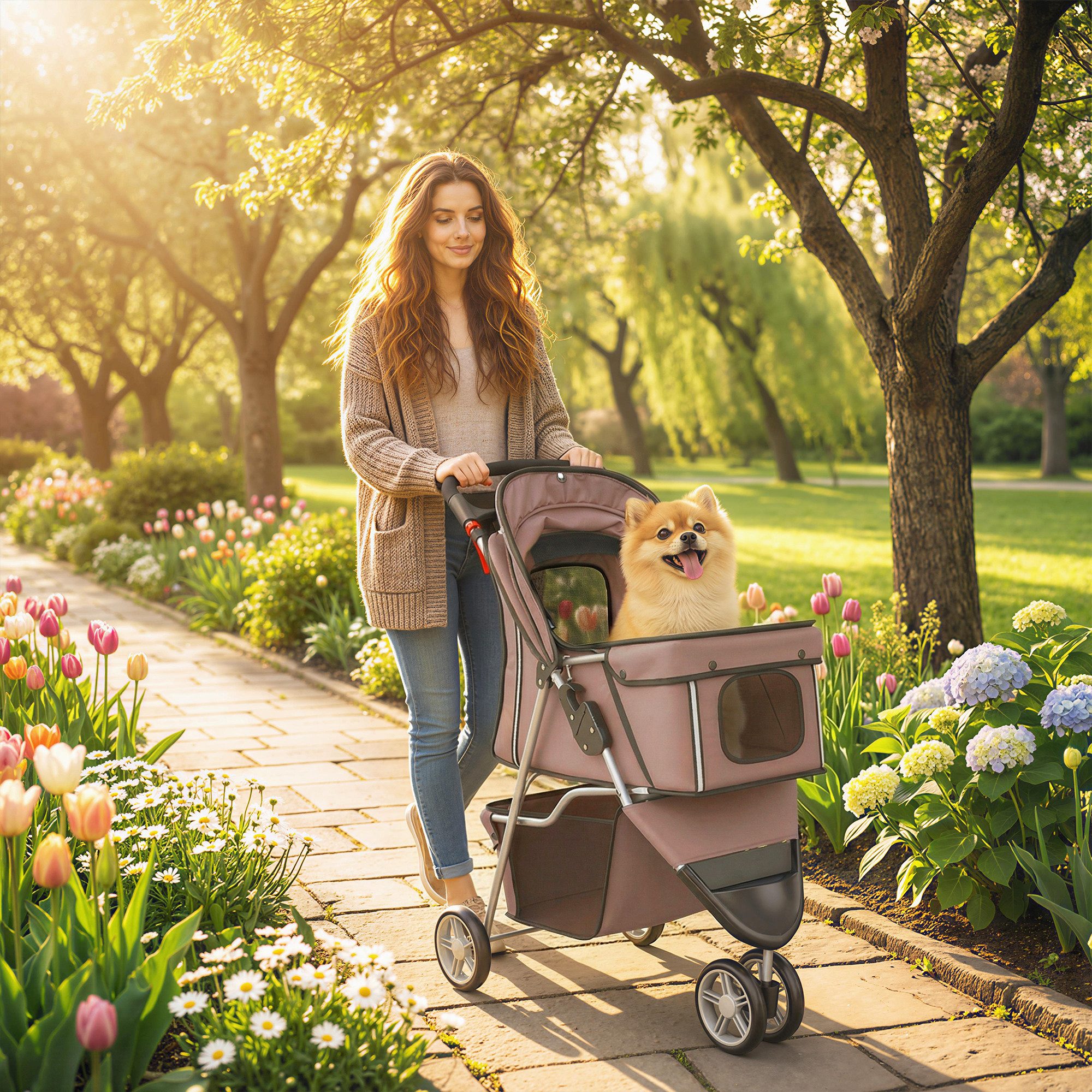PawHut Hundebuggy Katzenwagen Haustierbuggy verstellbares Verdeck Aufbewahrungskorb, (klappbar Hundewagen, 1-tlg), für kleine Hunde bis 10kg, Kaffee