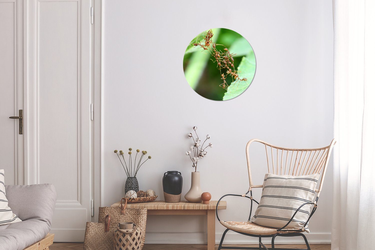 Tapetenaufkleber, - Blätter (1 Wohnzimmer Wandsticker MuchoWow - Kinderzimmer, St), Rund, Insekten Tapetenkreis für Ameisen