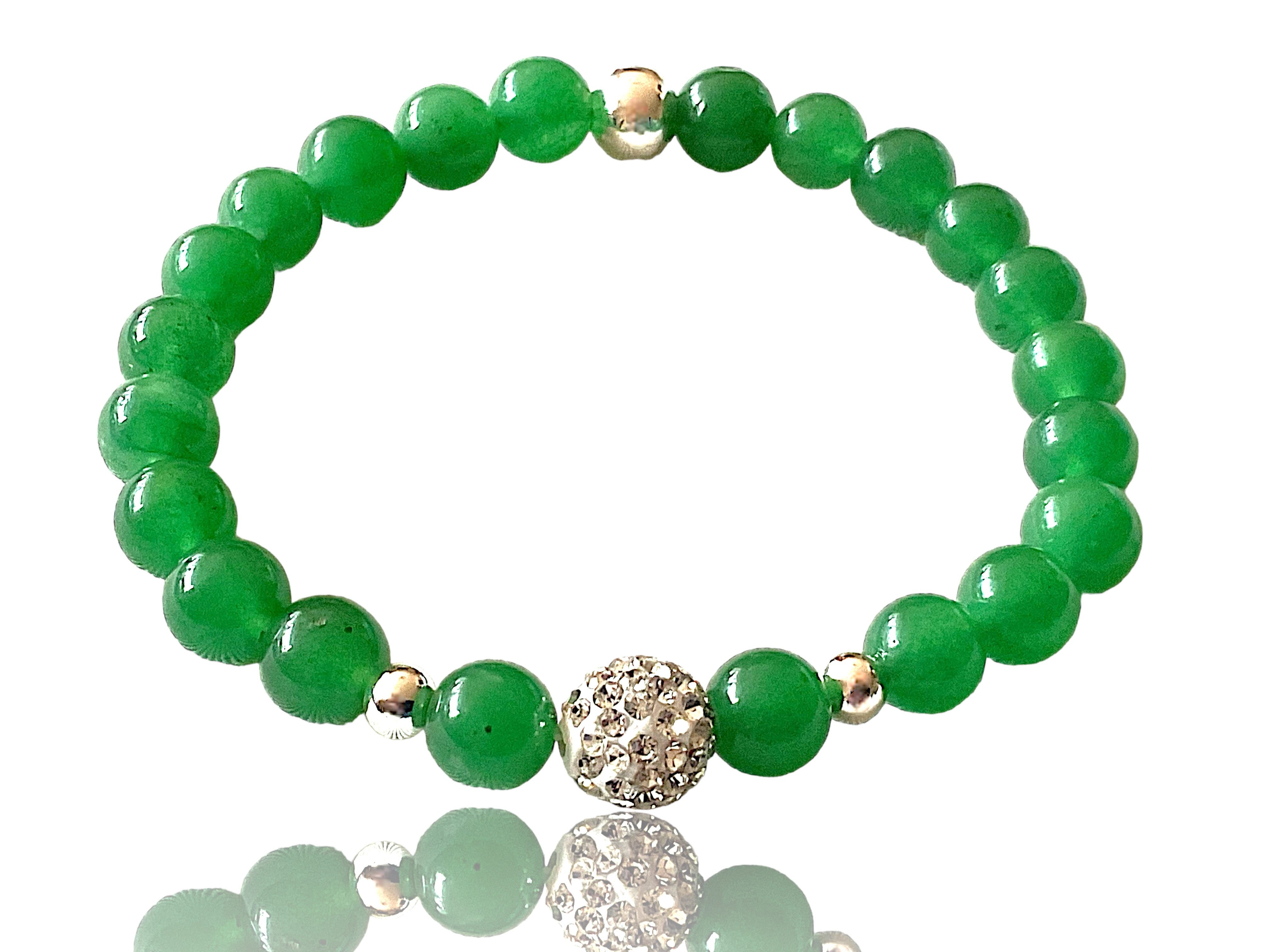 Perlenarmband Jade grün Perlenarmband 8mm mit 925 Silberperlen und Glitzerperle