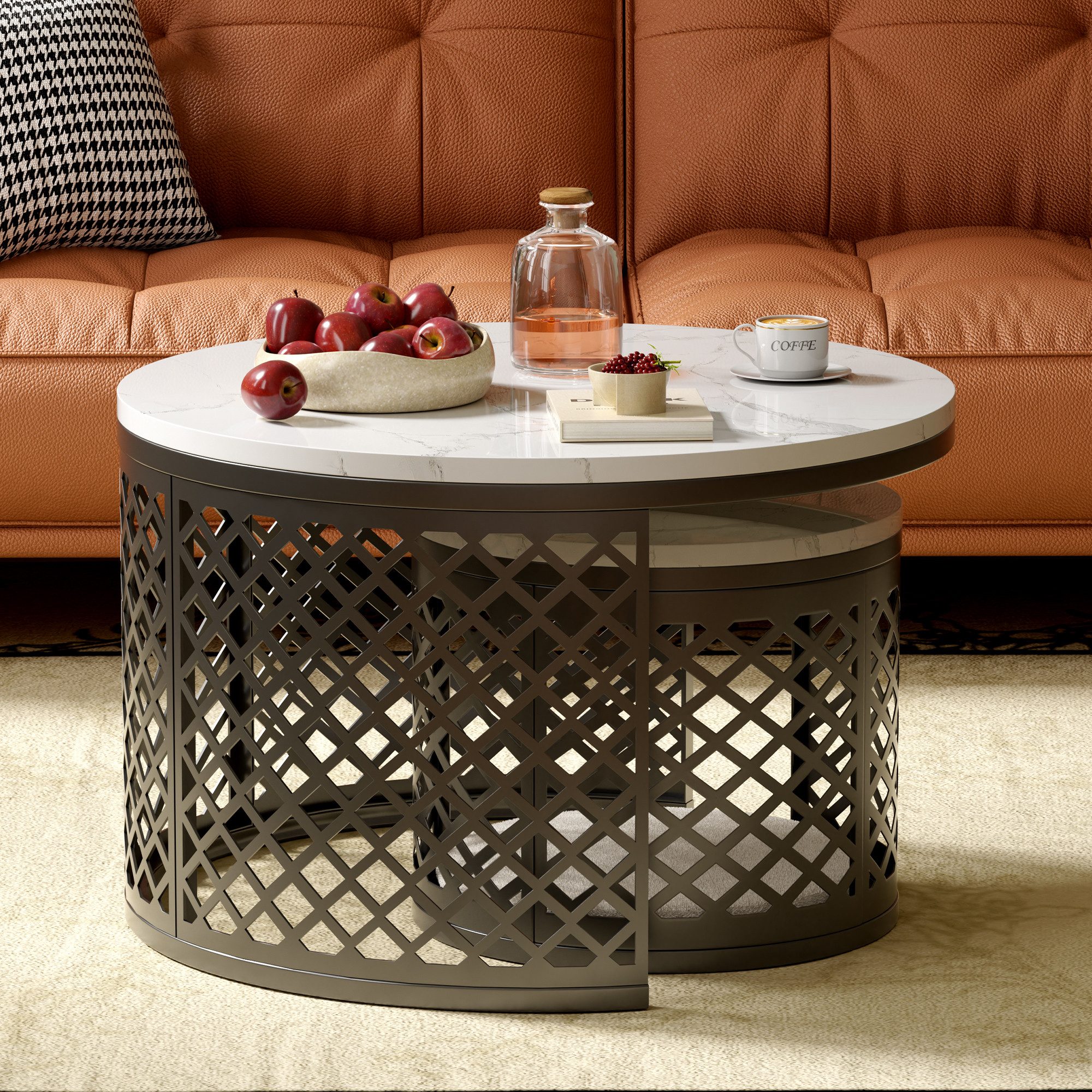 MODFU Couchtisch Set 2-tlg 70x45 / 45x35 cm Marmor Metallgitter schwarz (Packung, 2-St., Robuste geschweißte Metallkonstruktion, hohe Tragkraft bis 100 kg), Platzsparendes Nesting-Design mit Unterstellfunktion und Ablagefläche