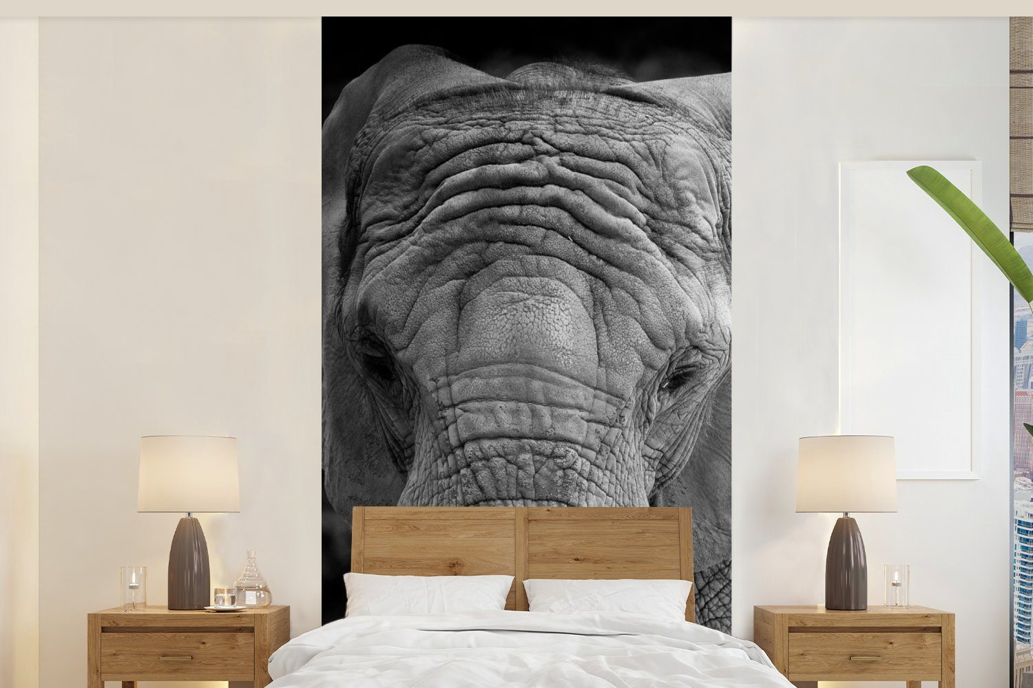 MuchoWow Fototapete (2 bedruckt, und Matt, in Vliestapete Wohnzimmer Porträt Küche, St), Weiß, eines Elefanten für Schlafzimmer Fototapete Schwarz