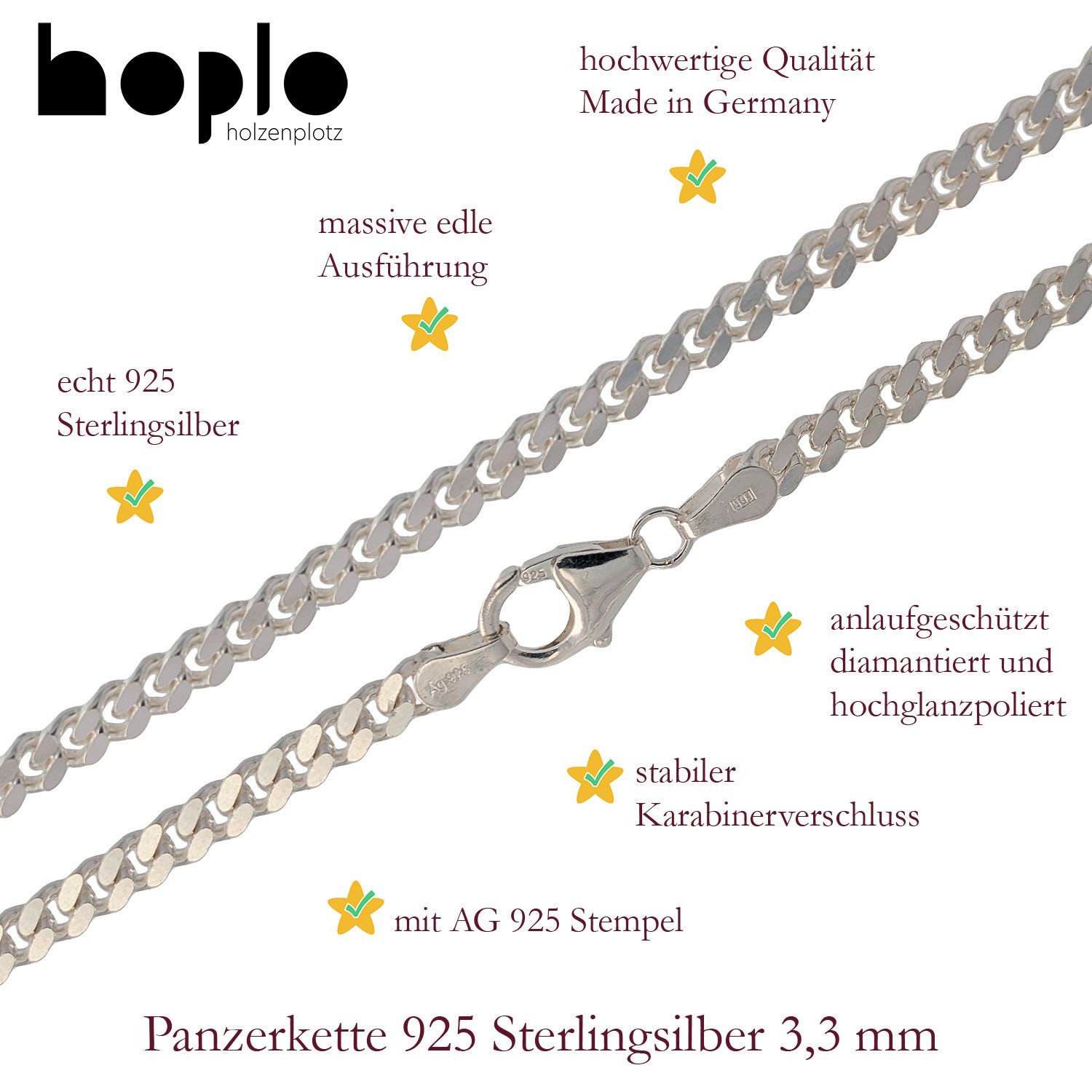 HOPLO Panzerkette Silberkette Panzerkette Länge 42cm - Breite 3,3mm - 925 Silber, Made in Germany – Bild 4 von 5