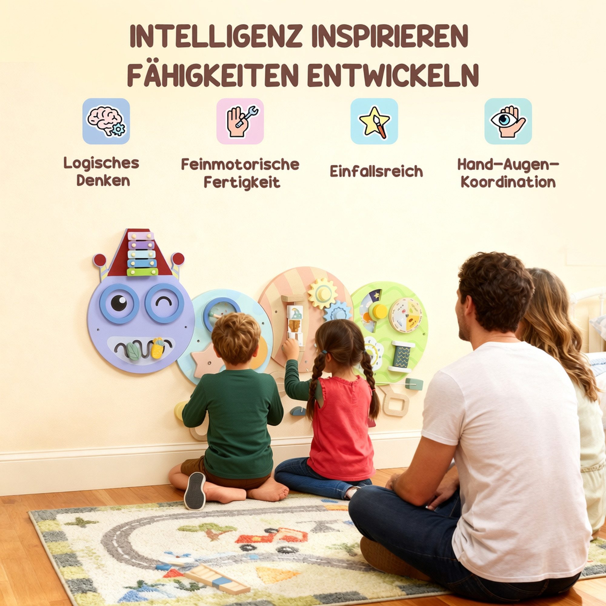 AIYAPLAY Lernspielzeug Busy Board Activity Board Lernaktivitätszentrum Geschenk ab 3 J. (Wandspielzeug, 1-St., Montessori Lernspielzeug), Raupen-Design, Mehrfar – Bild 4 von 5